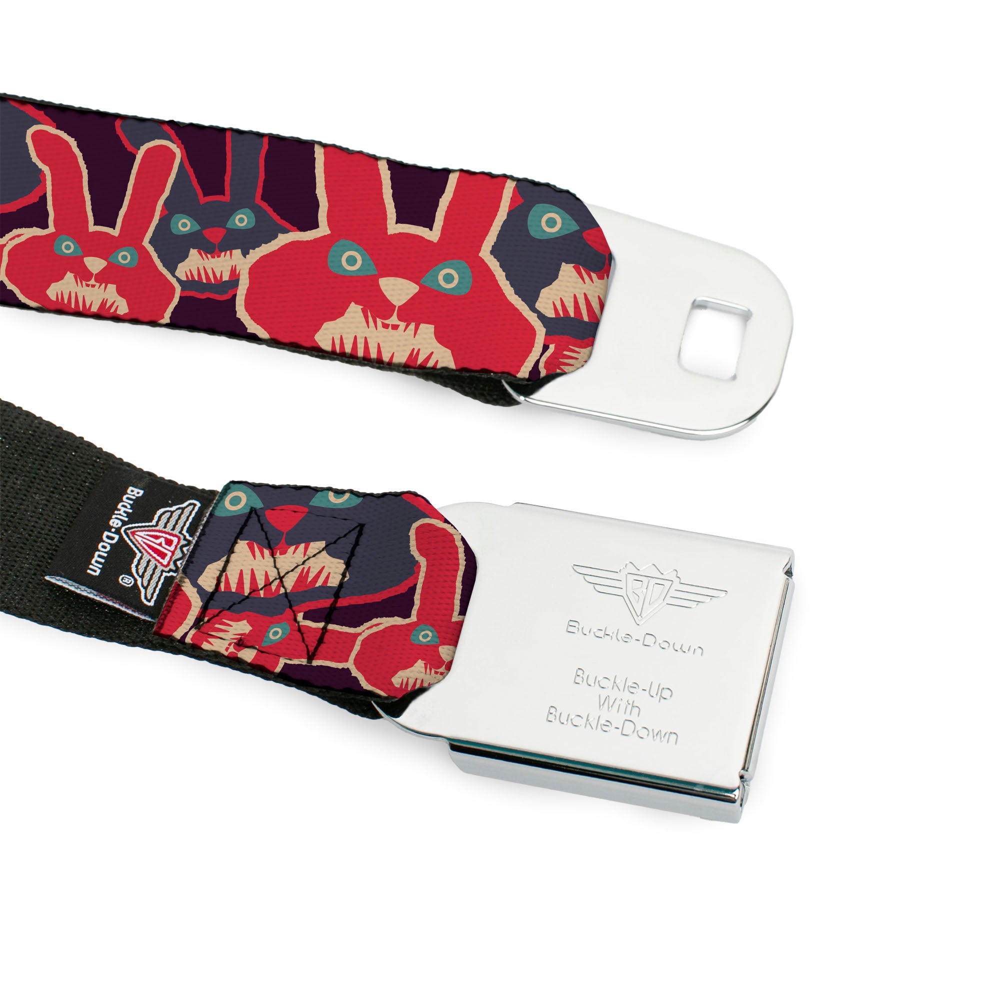 BD Wings Logo CLOSE-UP Full Color Black Silver Seatbelt Belt - Angry Bunnies Purple/Red/Blue Webbing Seatbelt Belts Buckle-Down