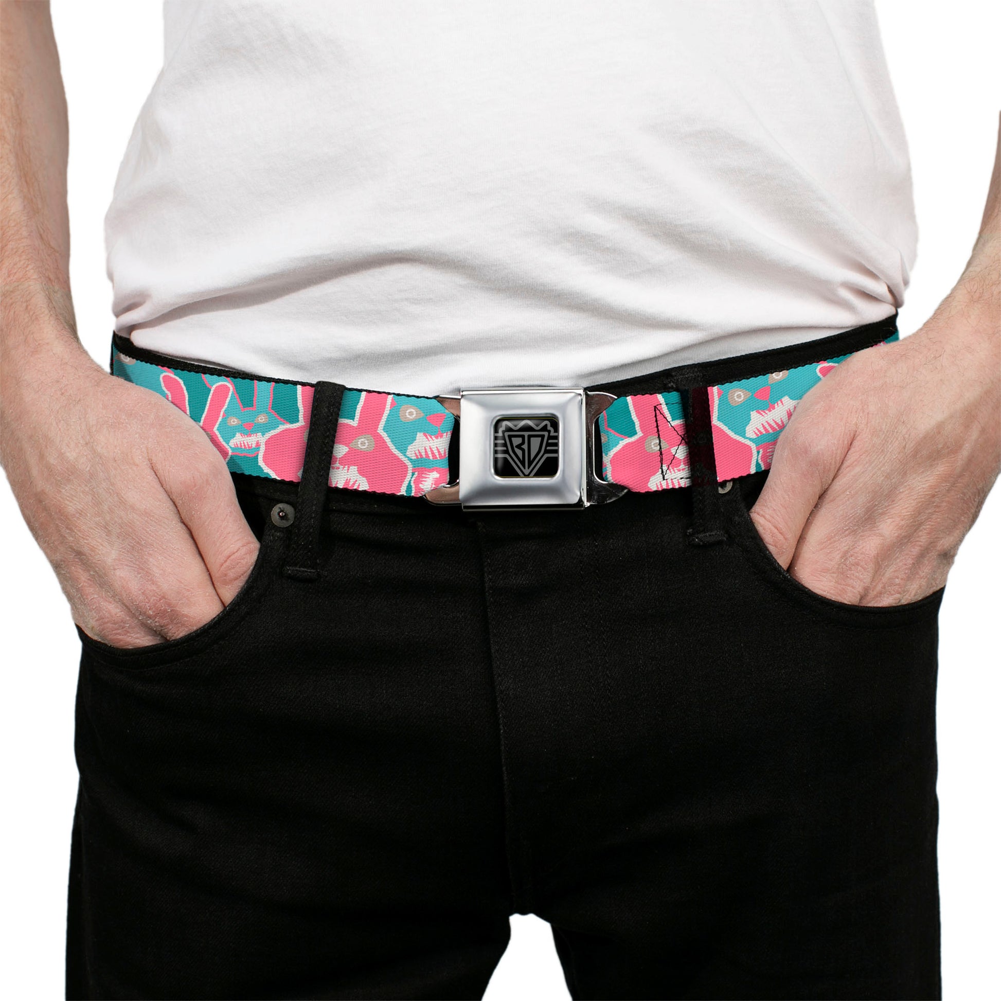 BD Wings Logo CLOSE-UP Full Color Black Silver Seatbelt Belt - Angry Bunnies Turquoise/Pinks Webbing Seatbelt Belts Buckle-Down