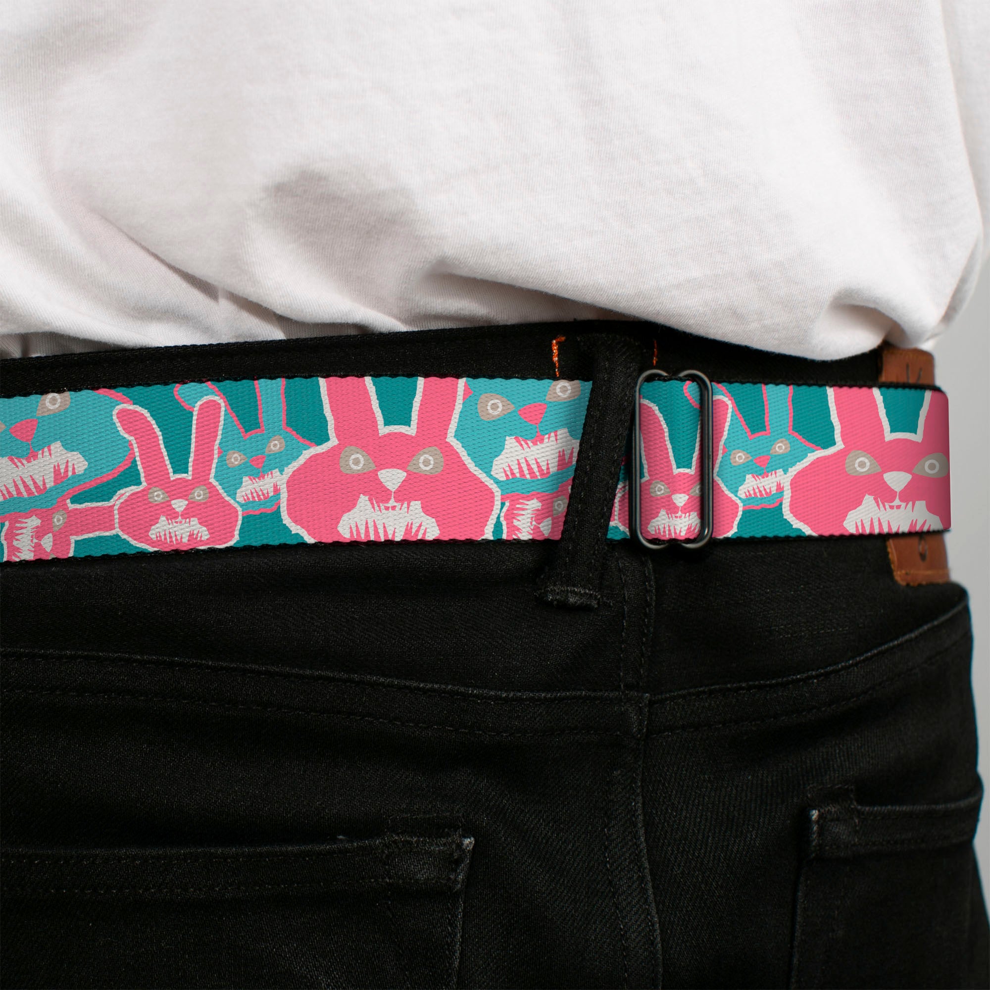 BD Wings Logo CLOSE-UP Full Color Black Silver Seatbelt Belt - Angry Bunnies Turquoise/Pinks Webbing Seatbelt Belts Buckle-Down
