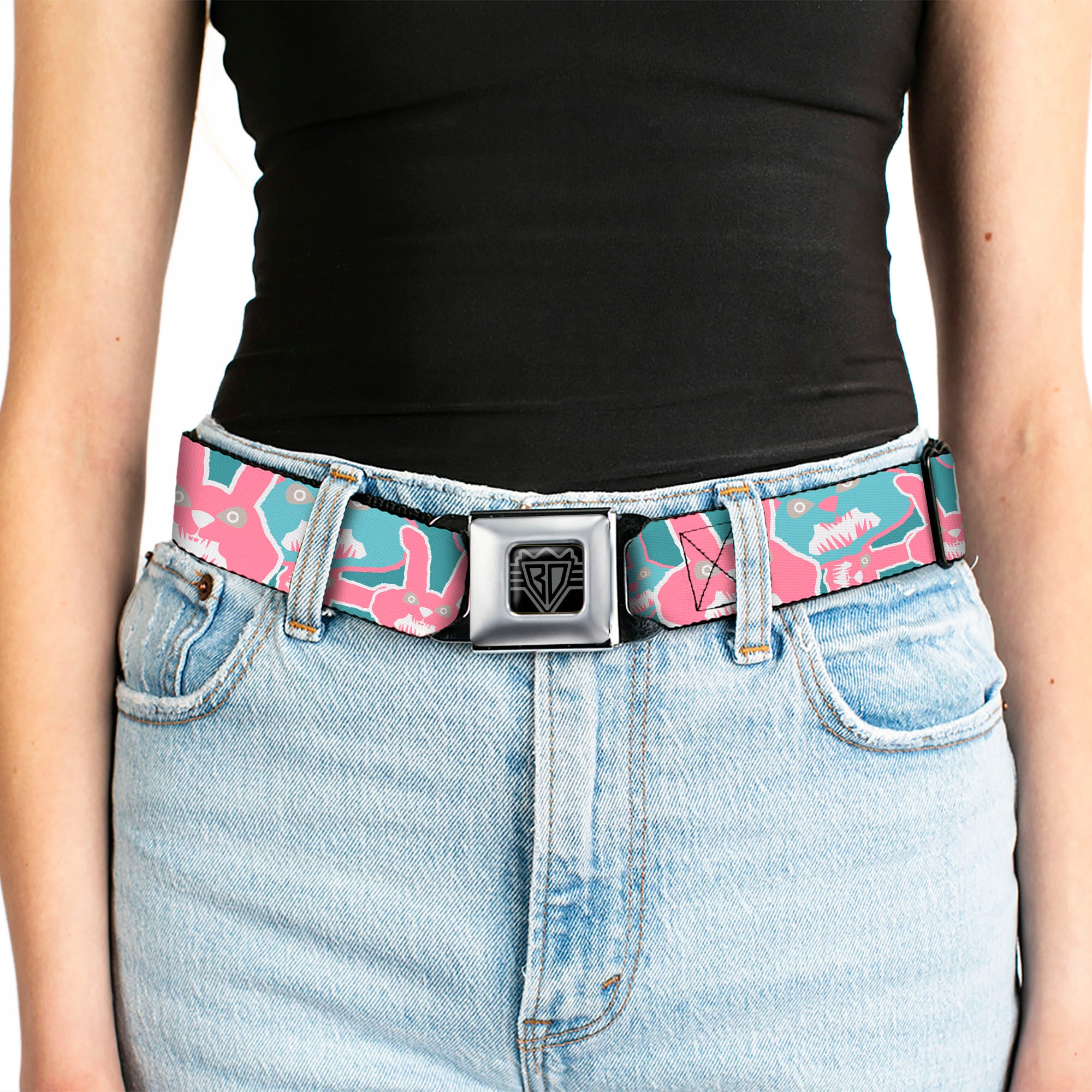 BD Wings Logo CLOSE-UP Full Color Black Silver Seatbelt Belt - Angry Bunnies Turquoise/Pinks Webbing Seatbelt Belts Buckle-Down