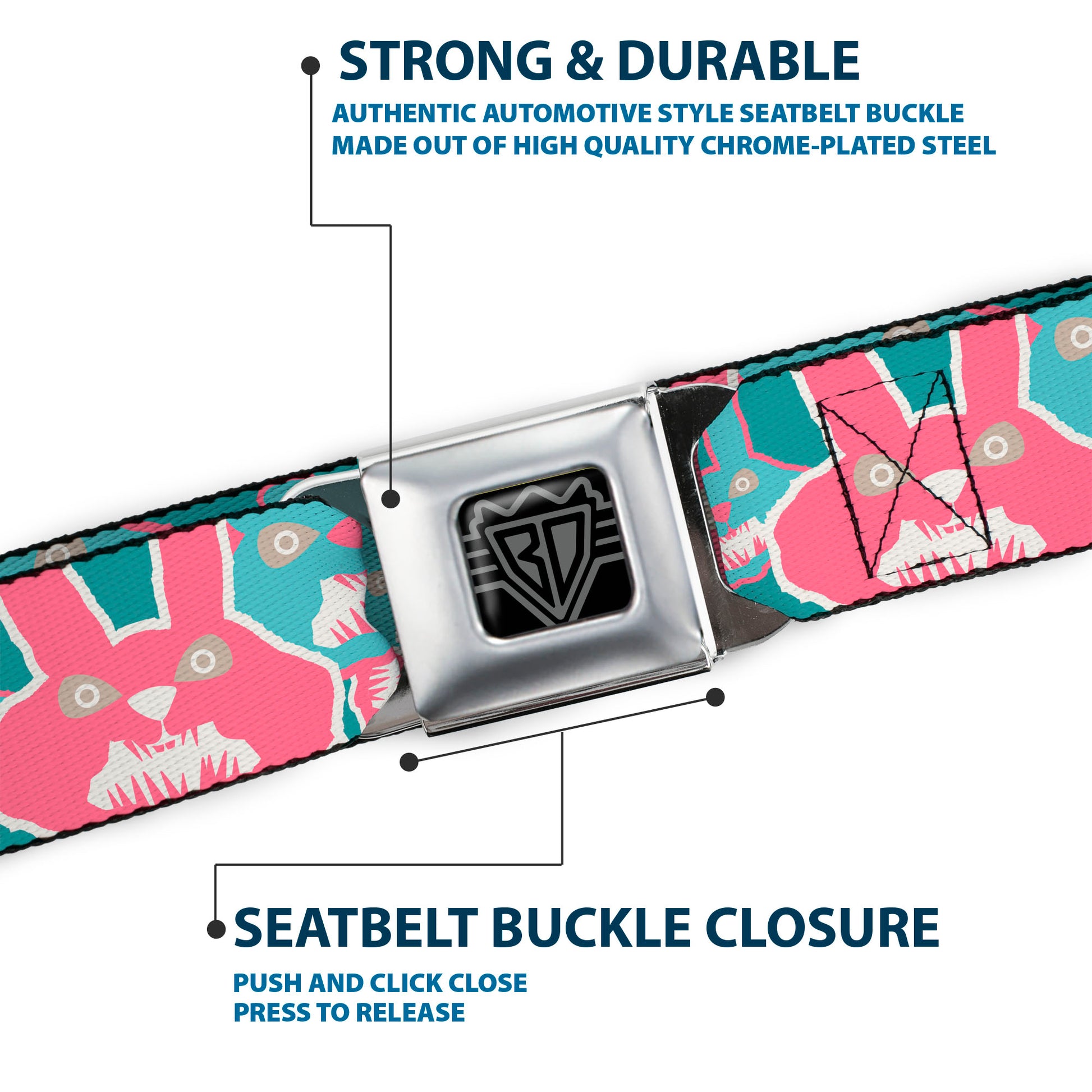 BD Wings Logo CLOSE-UP Full Color Black Silver Seatbelt Belt - Angry Bunnies Turquoise/Pinks Webbing Seatbelt Belts Buckle-Down