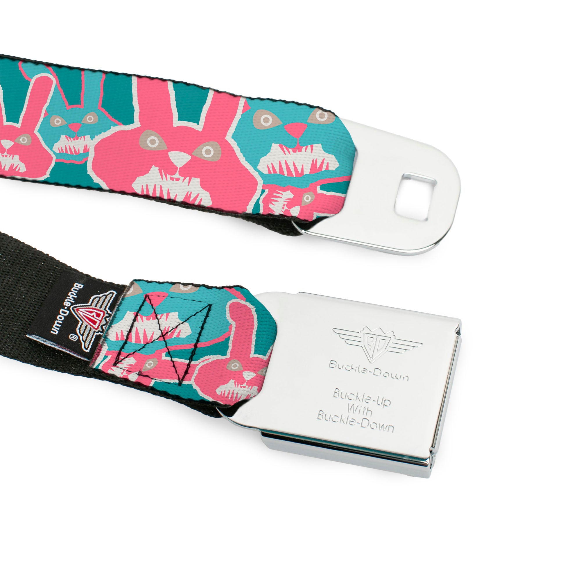 BD Wings Logo CLOSE-UP Full Color Black Silver Seatbelt Belt - Angry Bunnies Turquoise/Pinks Webbing Seatbelt Belts Buckle-Down