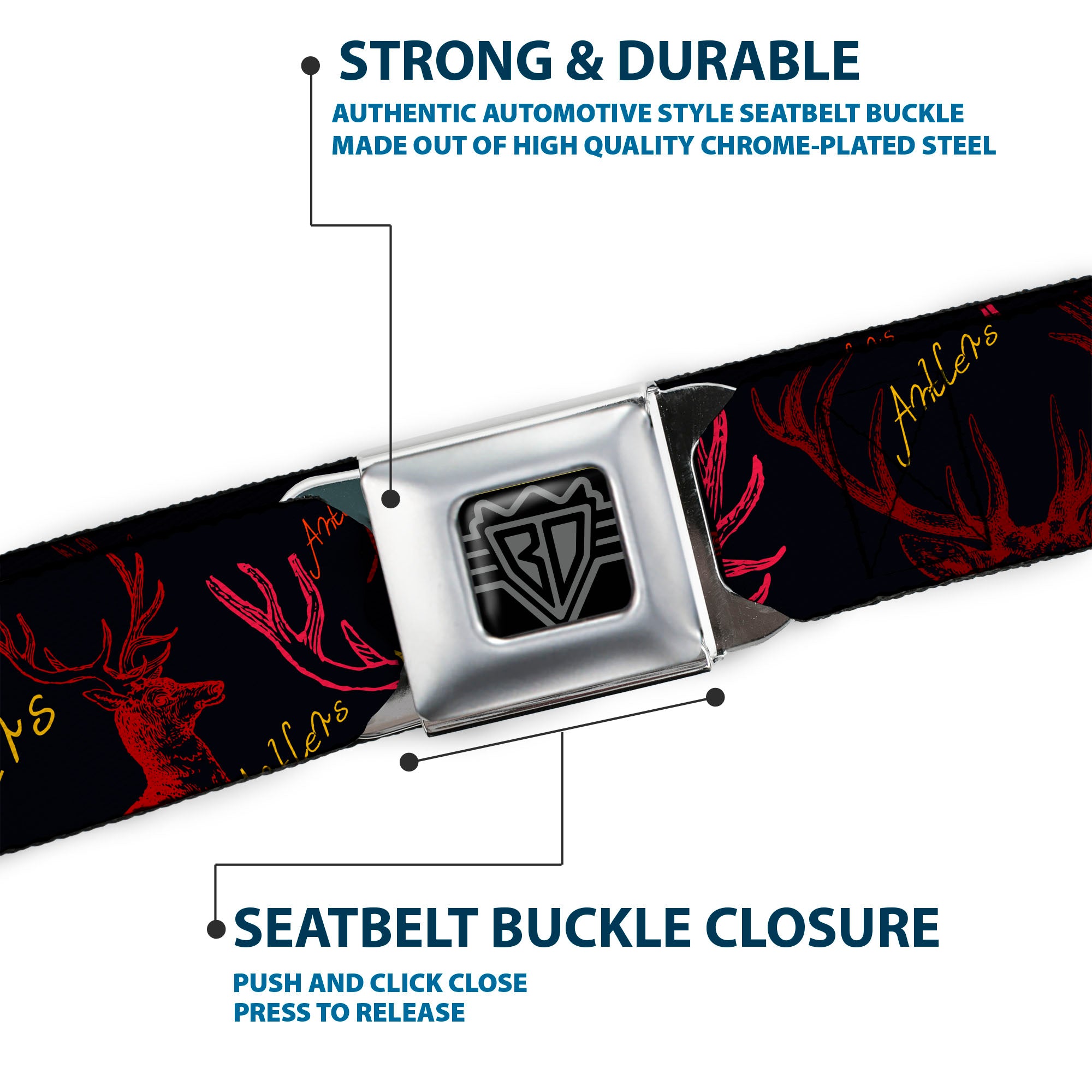 BD Wings Logo CLOSE-UP Full Color Black Silver Seatbelt Belt - Antlers Black/Burgundy/Gold Webbing Seatbelt Belts Buckle-Down