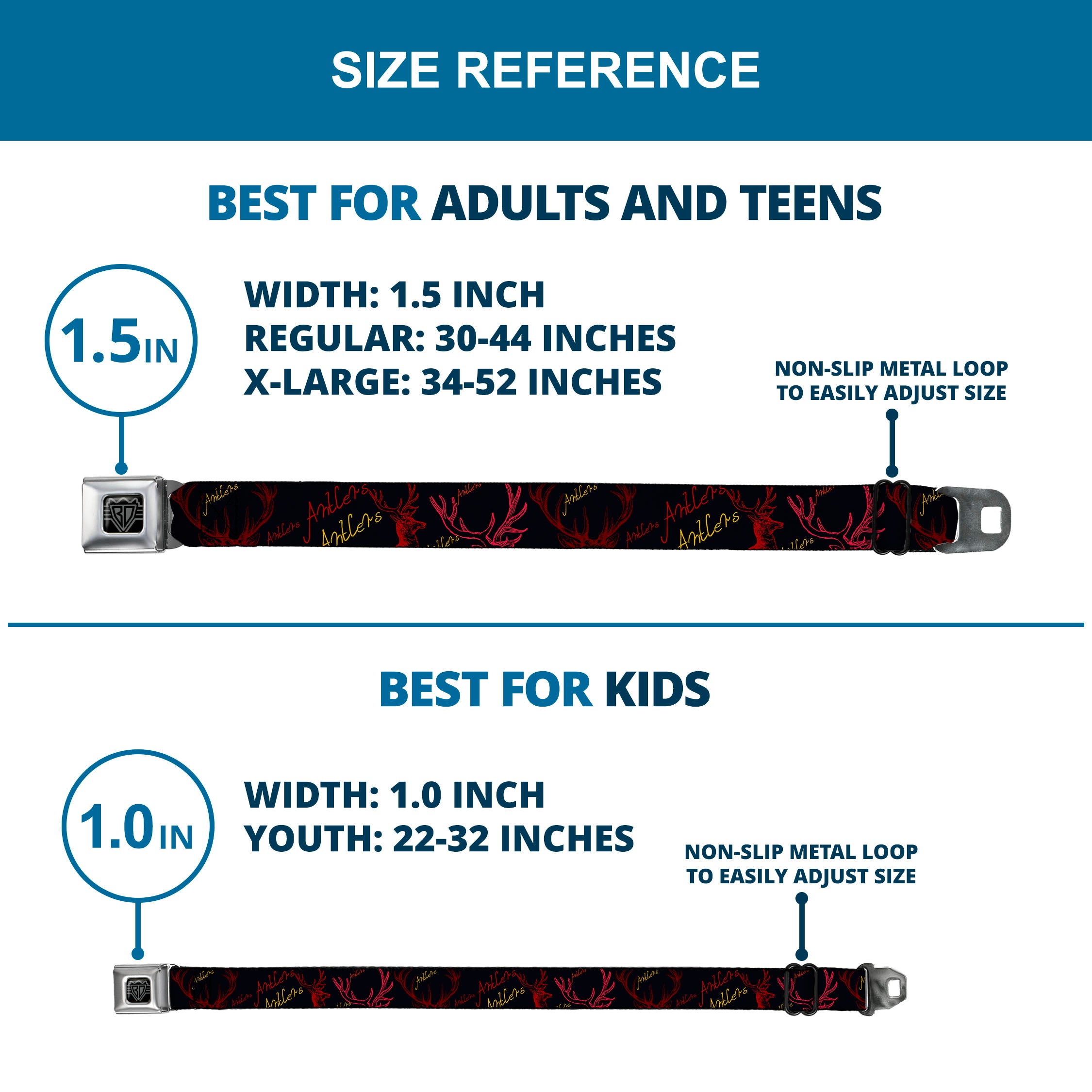 BD Wings Logo CLOSE-UP Full Color Black Silver Seatbelt Belt - Antlers Black/Burgundy/Gold Webbing Seatbelt Belts Buckle-Down