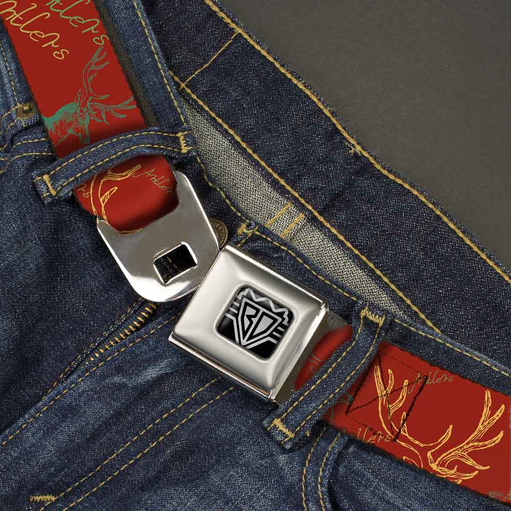 BD Wings Logo CLOSE-UP Full Color Black Silver Seatbelt Belt - Antlers Brown/Turquoise/Gold Webbing Seatbelt Belts Buckle-Down