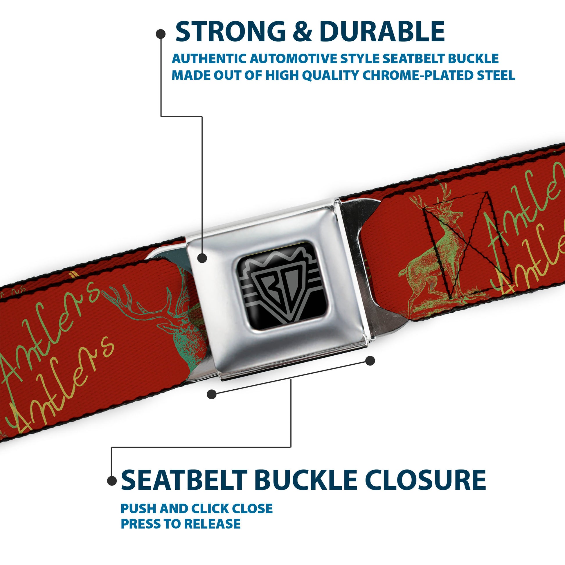 BD Wings Logo CLOSE-UP Full Color Black Silver Seatbelt Belt - Antlers Brown/Turquoise/Gold Webbing Seatbelt Belts Buckle-Down