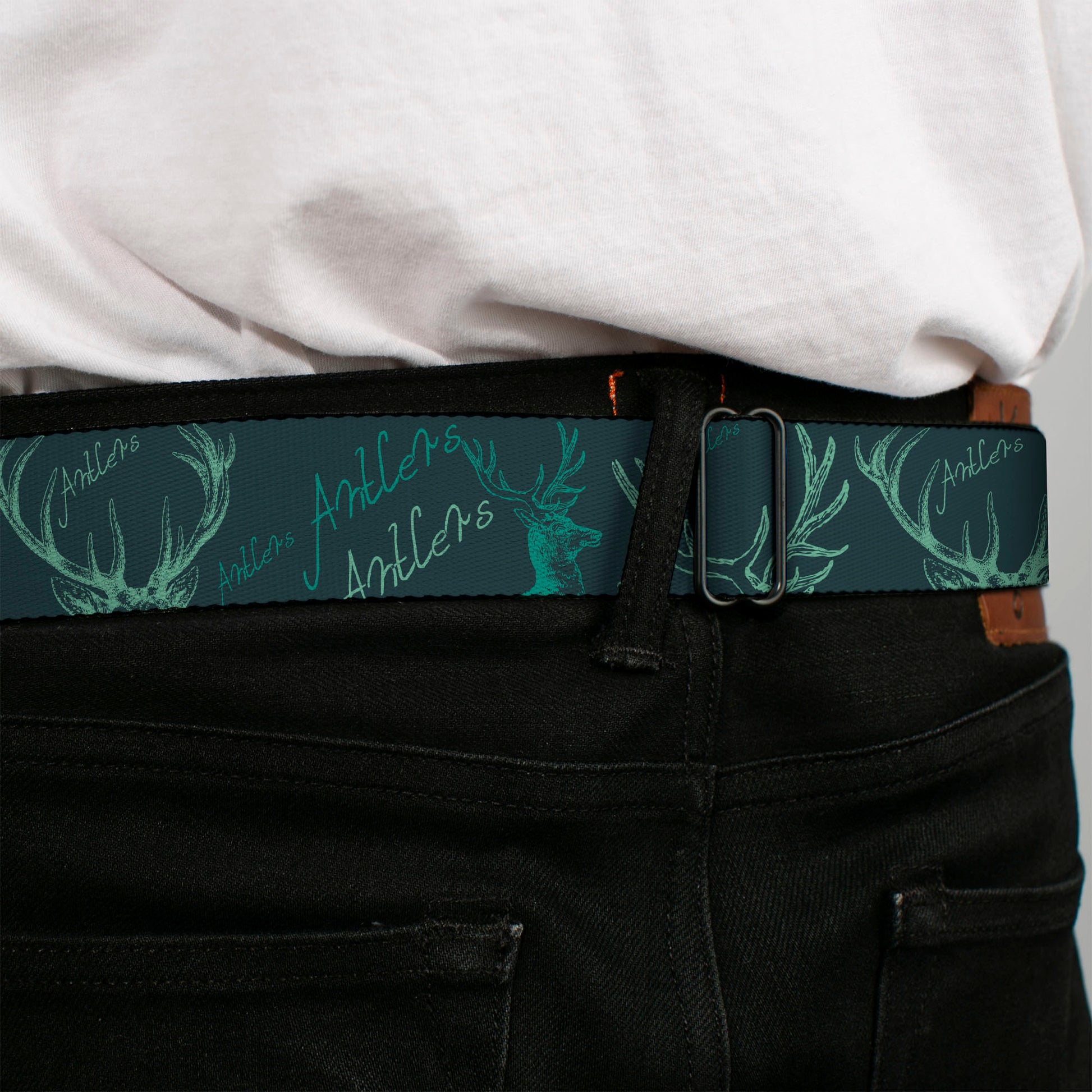 BD Wings Logo CLOSE-UP Full Color Black Silver Seatbelt Belt - Antlers Turquoise Webbing Seatbelt Belts Buckle-Down