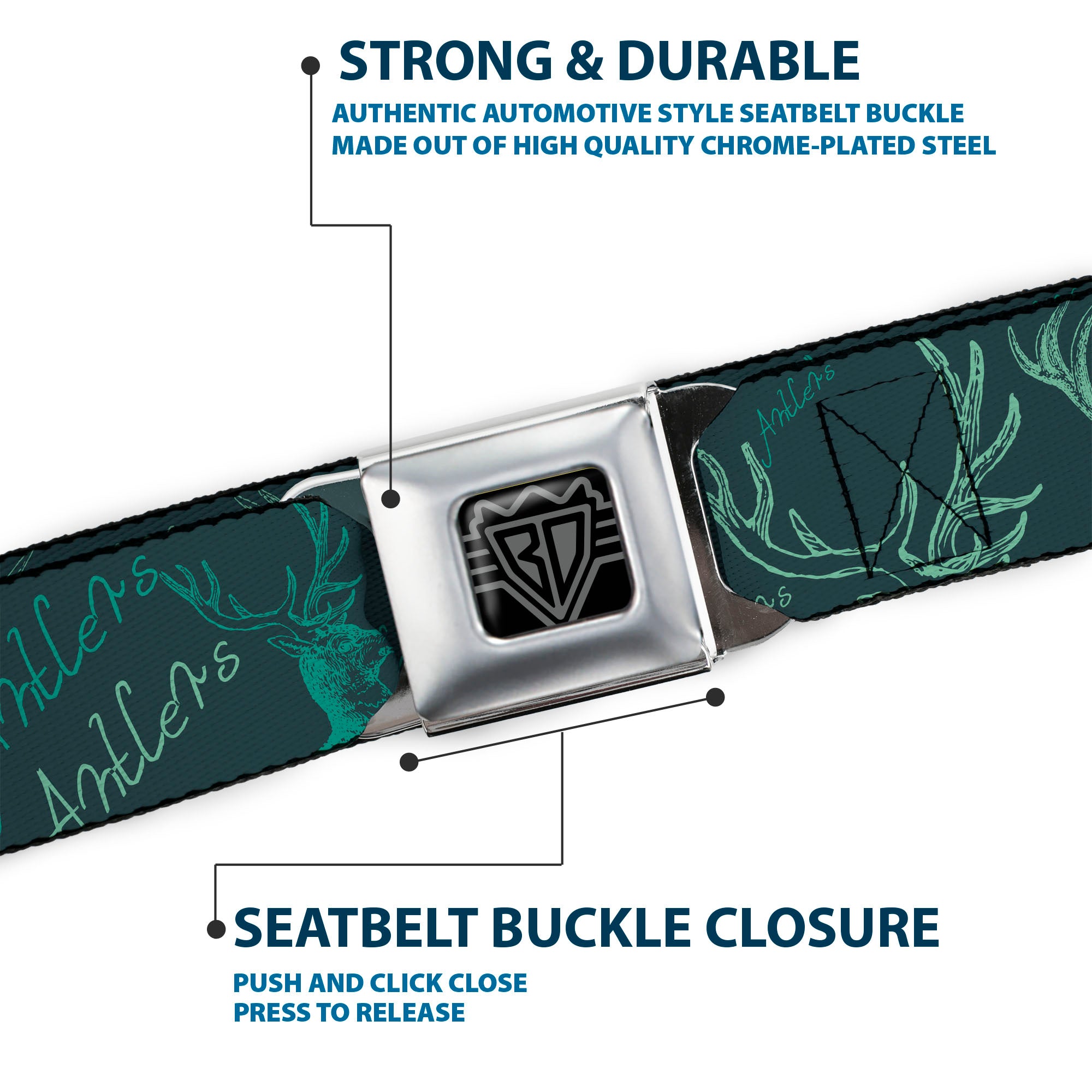 BD Wings Logo CLOSE-UP Full Color Black Silver Seatbelt Belt - Antlers Turquoise Webbing Seatbelt Belts Buckle-Down