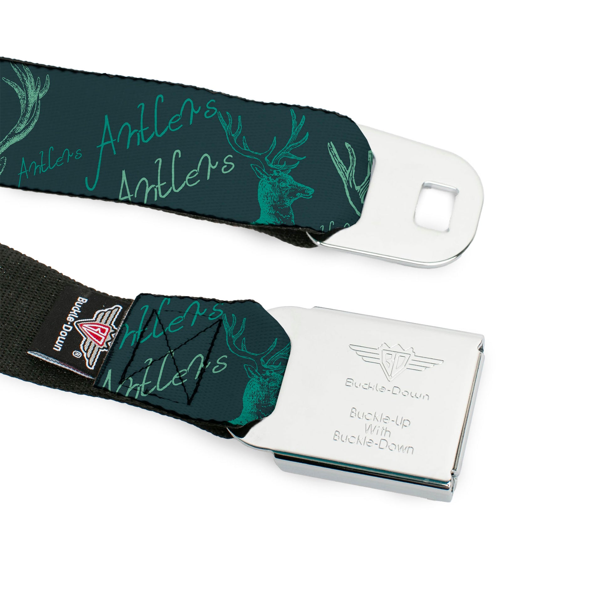BD Wings Logo CLOSE-UP Full Color Black Silver Seatbelt Belt - Antlers Turquoise Webbing Seatbelt Belts Buckle-Down