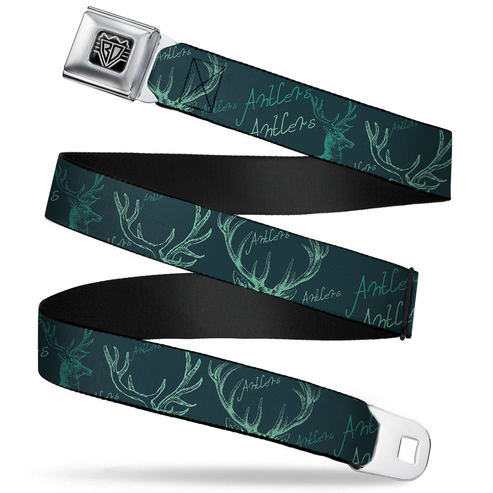 BD Wings Logo CLOSE-UP Full Color Black Silver Seatbelt Belt - Antlers Turquoise Webbing Seatbelt Belts Buckle-Down