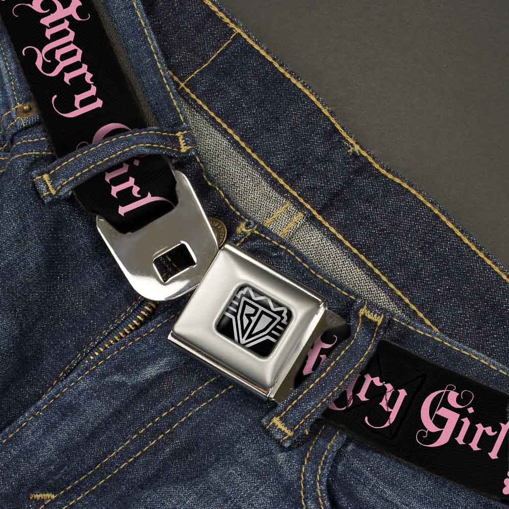 BD Wings Logo CLOSE-UP Full Color Black Silver Seatbelt Belt - Angry Girl Black/Pink Webbing Seatbelt Belts Buckle-Down