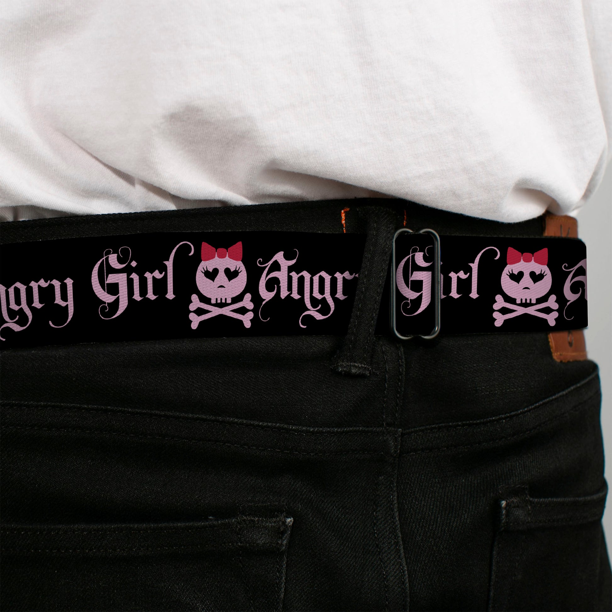 BD Wings Logo CLOSE-UP Full Color Black Silver Seatbelt Belt - Angry Girl Black/Pink Webbing Seatbelt Belts Buckle-Down