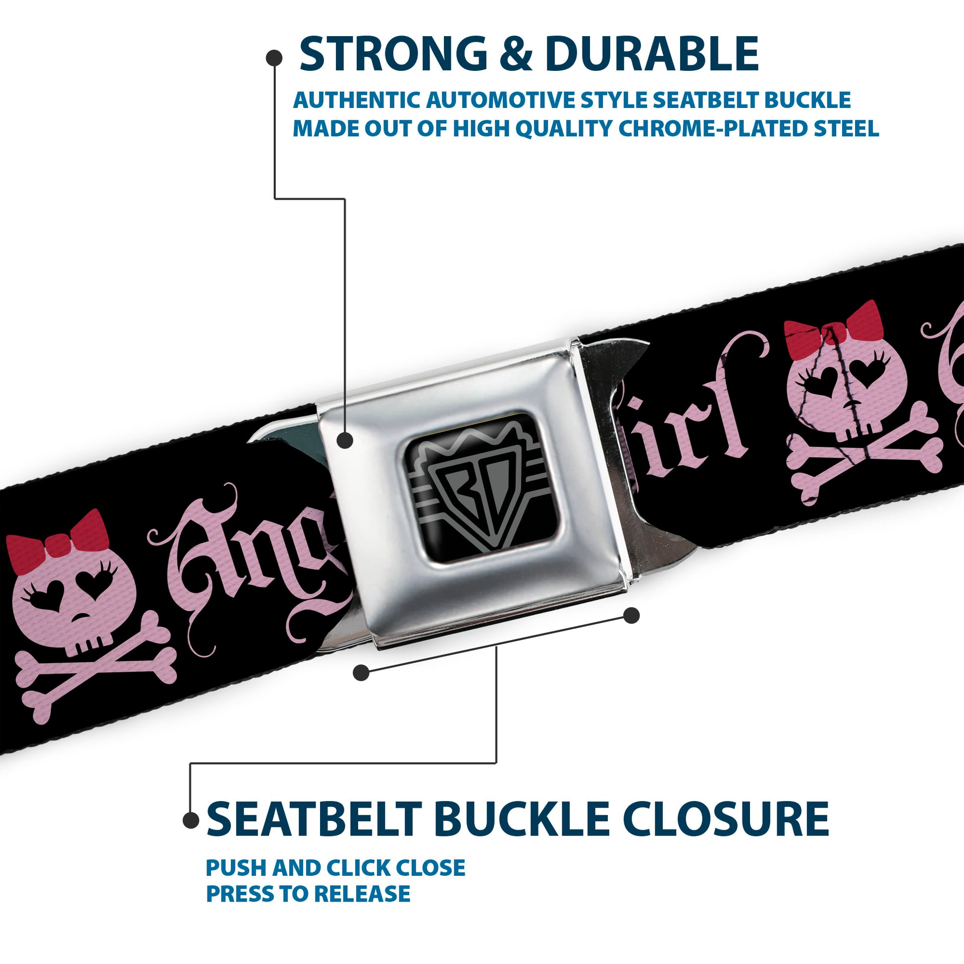 BD Wings Logo CLOSE-UP Full Color Black Silver Seatbelt Belt - Angry Girl Black/Pink Webbing Seatbelt Belts Buckle-Down