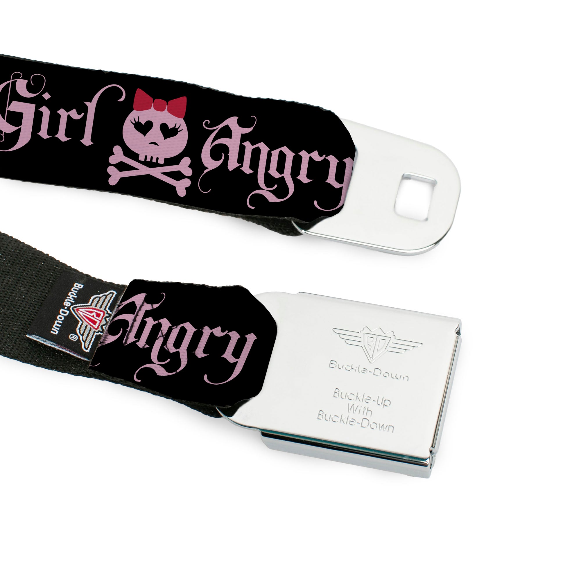 BD Wings Logo CLOSE-UP Full Color Black Silver Seatbelt Belt - Angry Girl Black/Pink Webbing Seatbelt Belts Buckle-Down