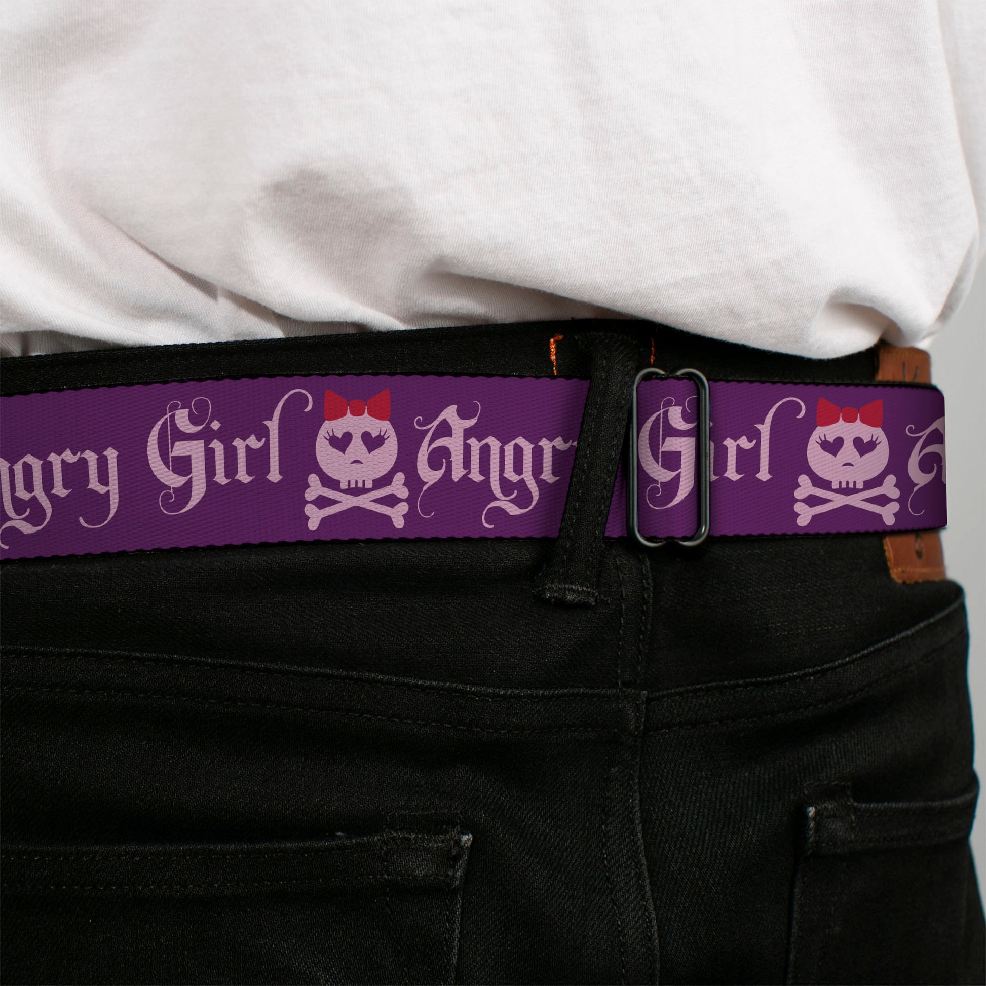 BD Wings Logo CLOSE-UP Full Color Black Silver Seatbelt Belt - Angry Girl Purple/Pink Webbing Seatbelt Belts Buckle-Down