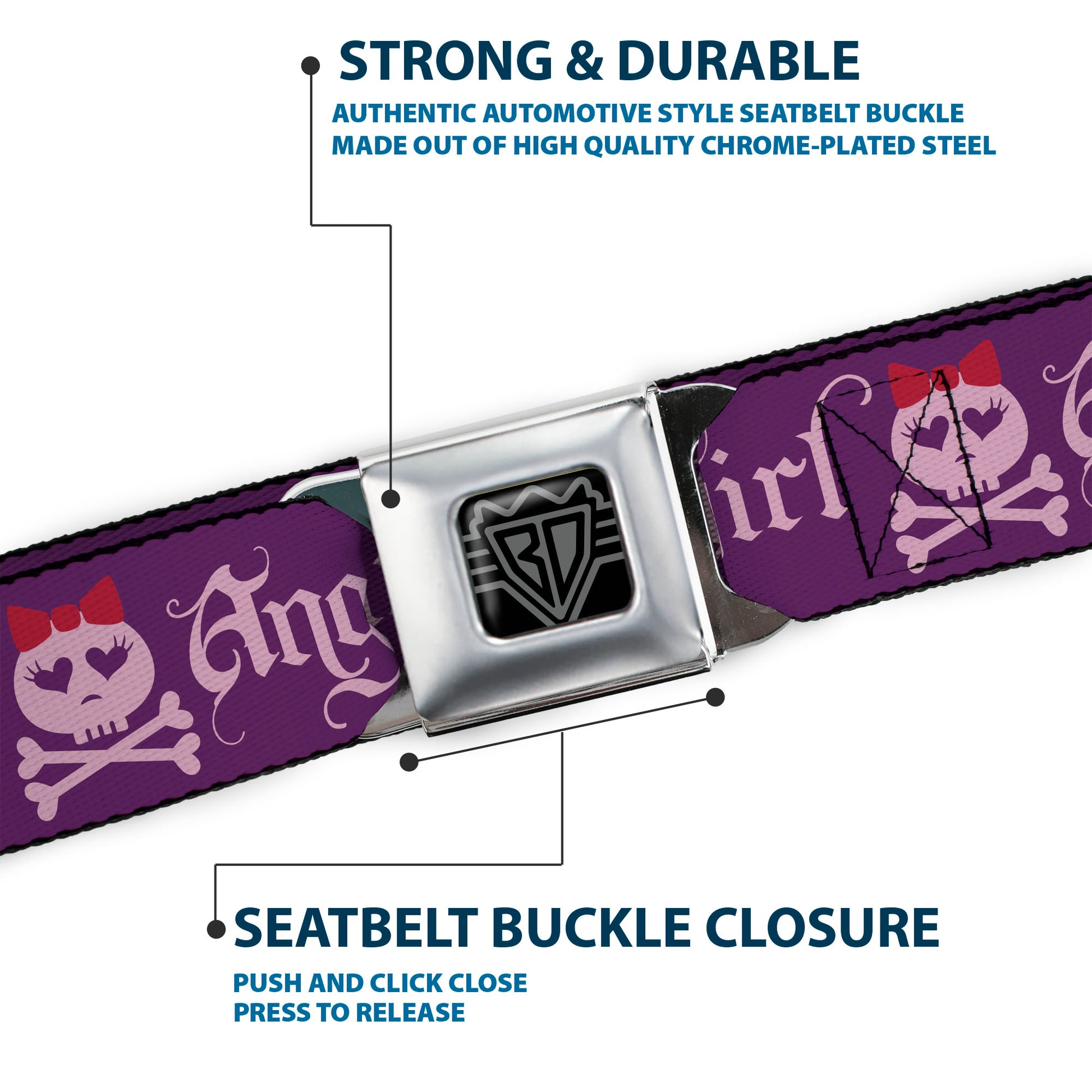 BD Wings Logo CLOSE-UP Full Color Black Silver Seatbelt Belt - Angry Girl Purple/Pink Webbing Seatbelt Belts Buckle-Down