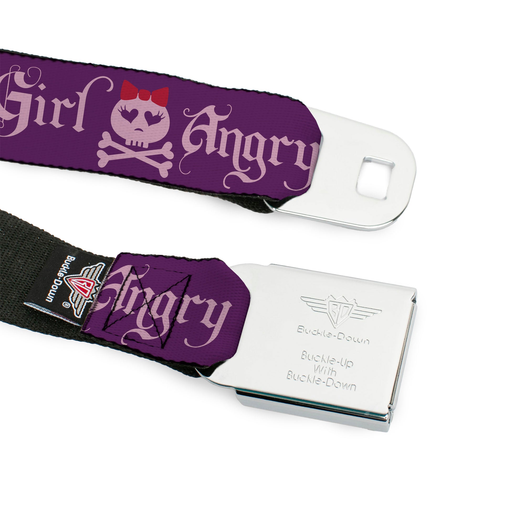 BD Wings Logo CLOSE-UP Full Color Black Silver Seatbelt Belt - Angry Girl Purple/Pink Webbing Seatbelt Belts Buckle-Down