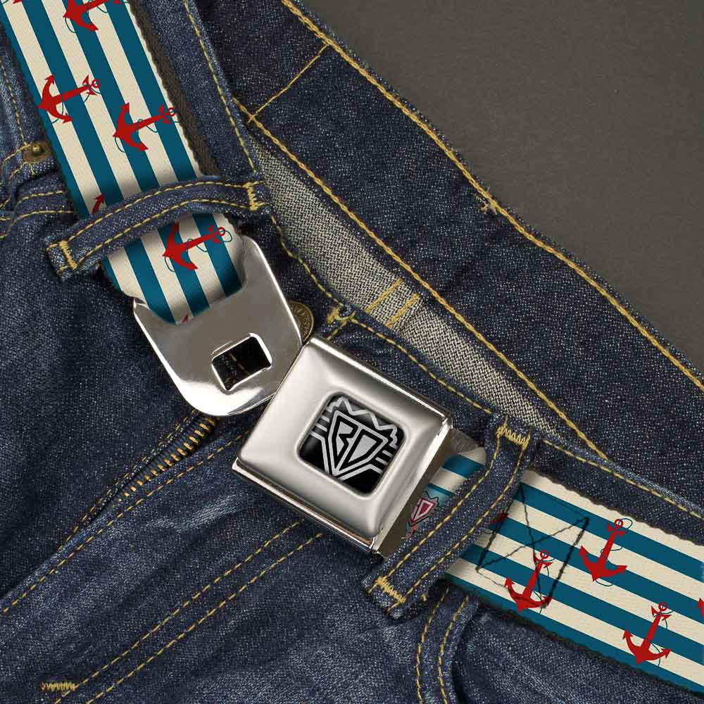 BD Wings Logo CLOSE-UP Full Color Black Silver Seatbelt Belt - Anchors w/Stripes White/Blue/Red Webbing Seatbelt Belts Buckle-Down