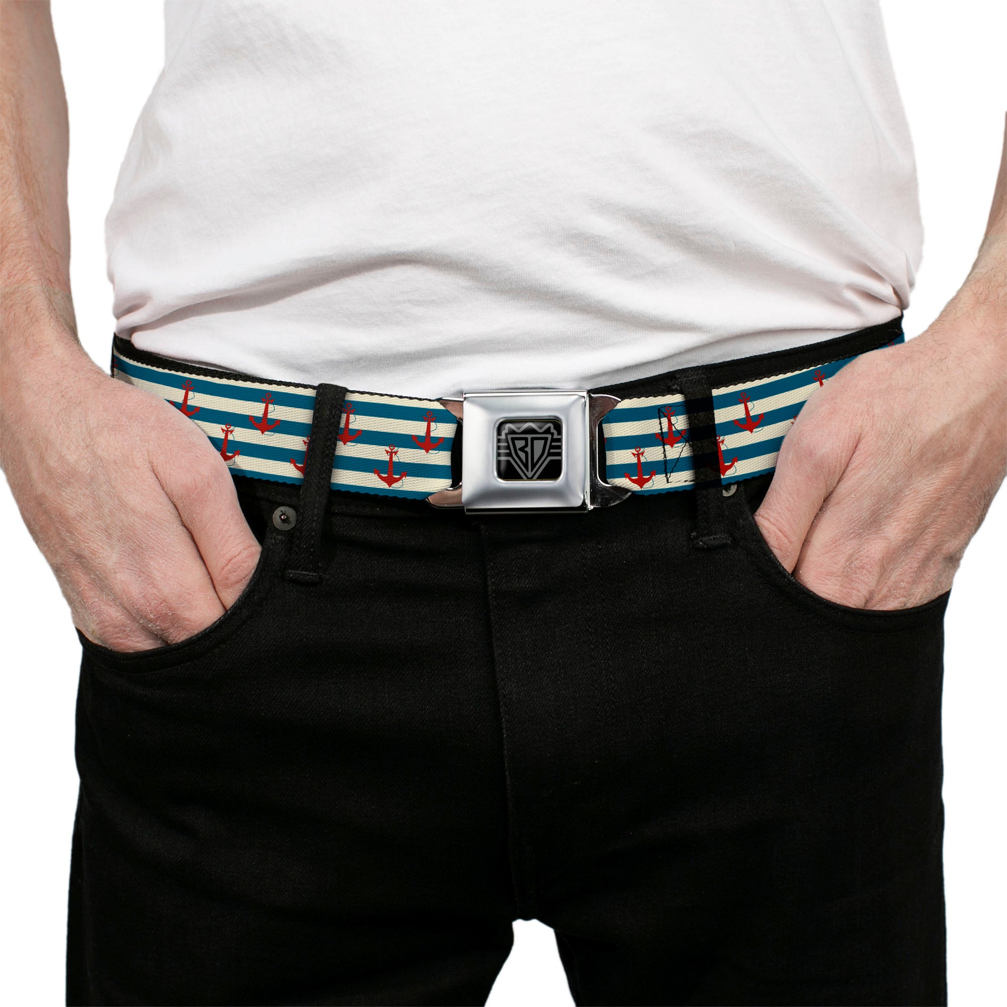 BD Wings Logo CLOSE-UP Full Color Black Silver Seatbelt Belt - Anchors w/Stripes White/Blue/Red Webbing Seatbelt Belts Buckle-Down