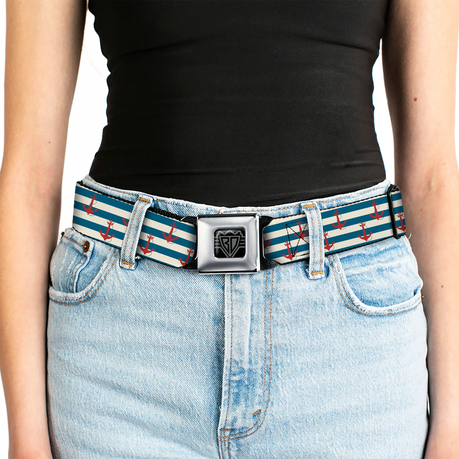 BD Wings Logo CLOSE-UP Full Color Black Silver Seatbelt Belt - Anchors w/Stripes White/Blue/Red Webbing Seatbelt Belts Buckle-Down