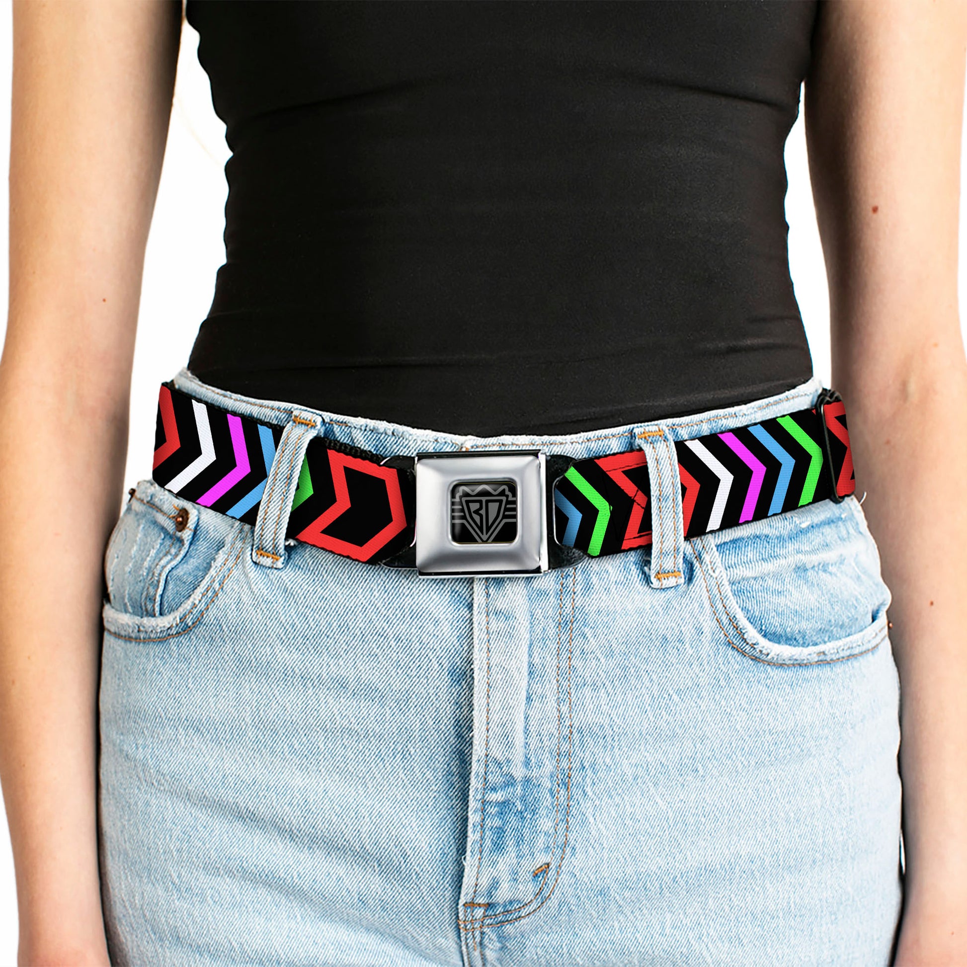 BD Wings Logo CLOSE-UP Full Color Black Silver Seatbelt Belt - Arrows Black/Multi Color Webbing Seatbelt Belts Buckle-Down