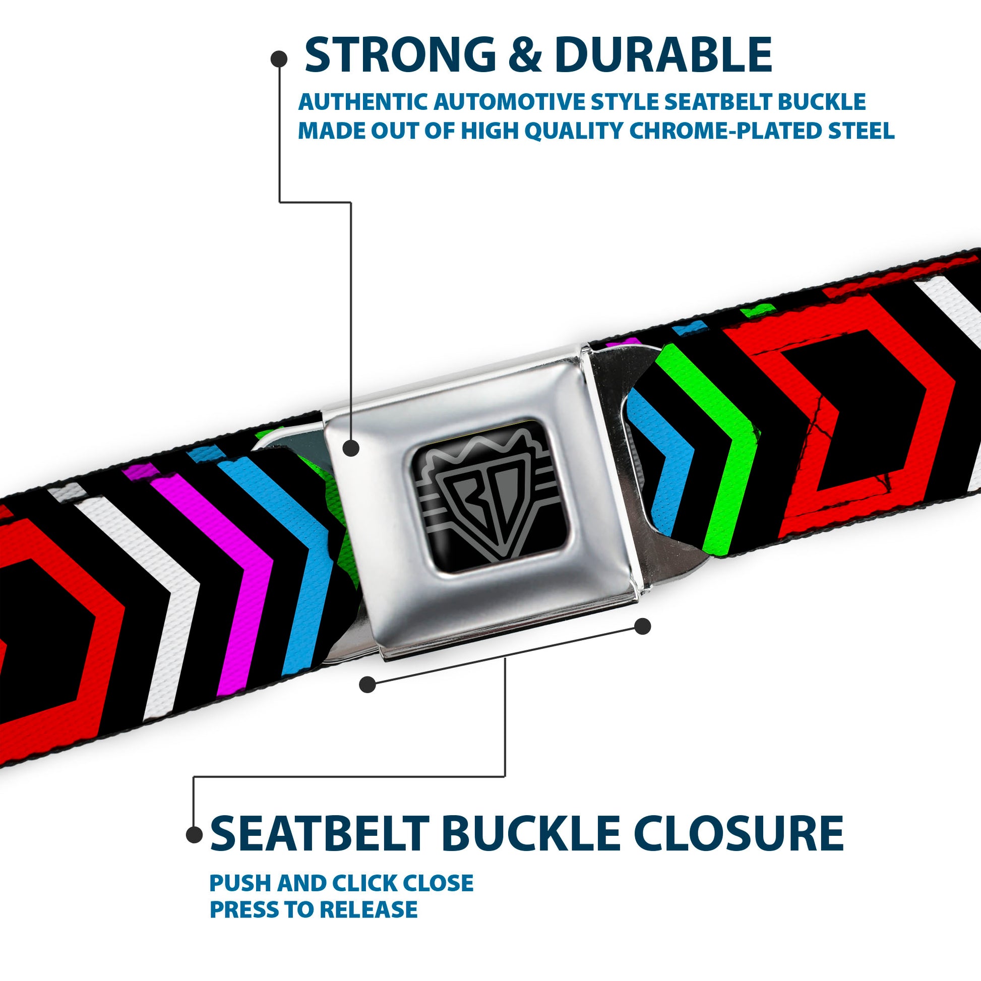 BD Wings Logo CLOSE-UP Full Color Black Silver Seatbelt Belt - Arrows Black/Multi Color Webbing Seatbelt Belts Buckle-Down