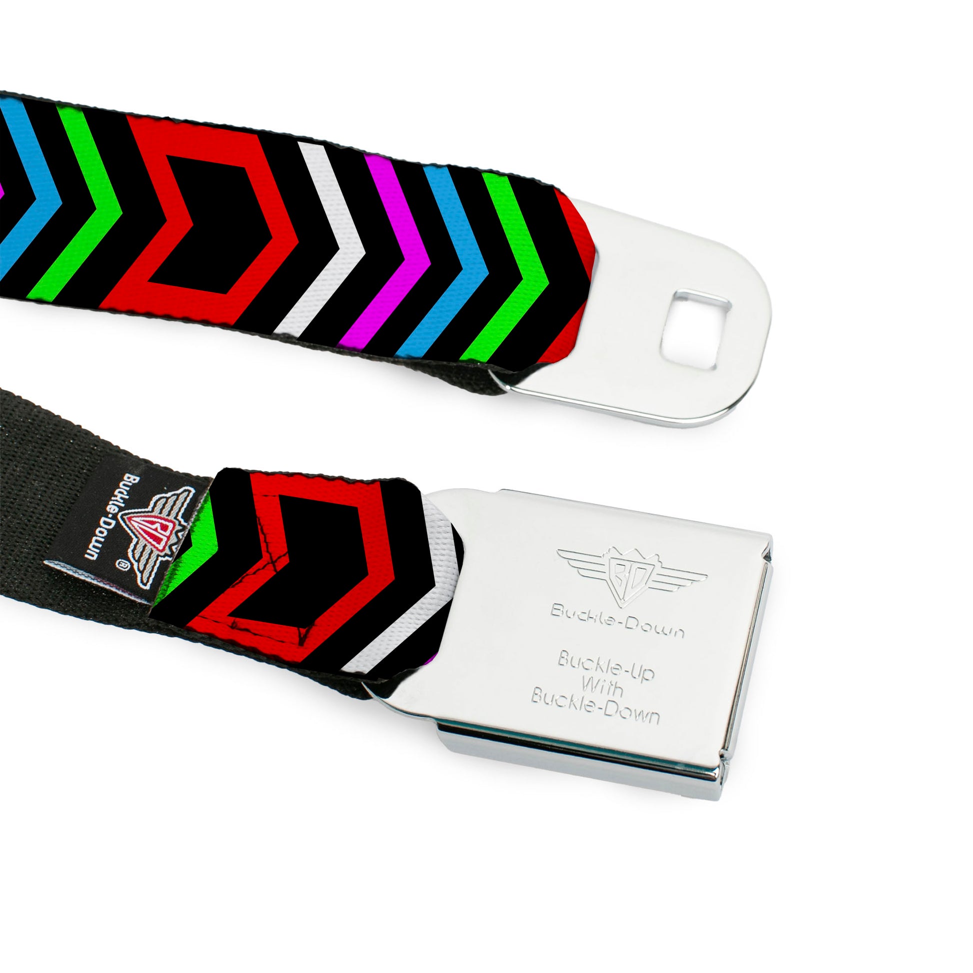 BD Wings Logo CLOSE-UP Full Color Black Silver Seatbelt Belt - Arrows Black/Multi Color Webbing Seatbelt Belts Buckle-Down