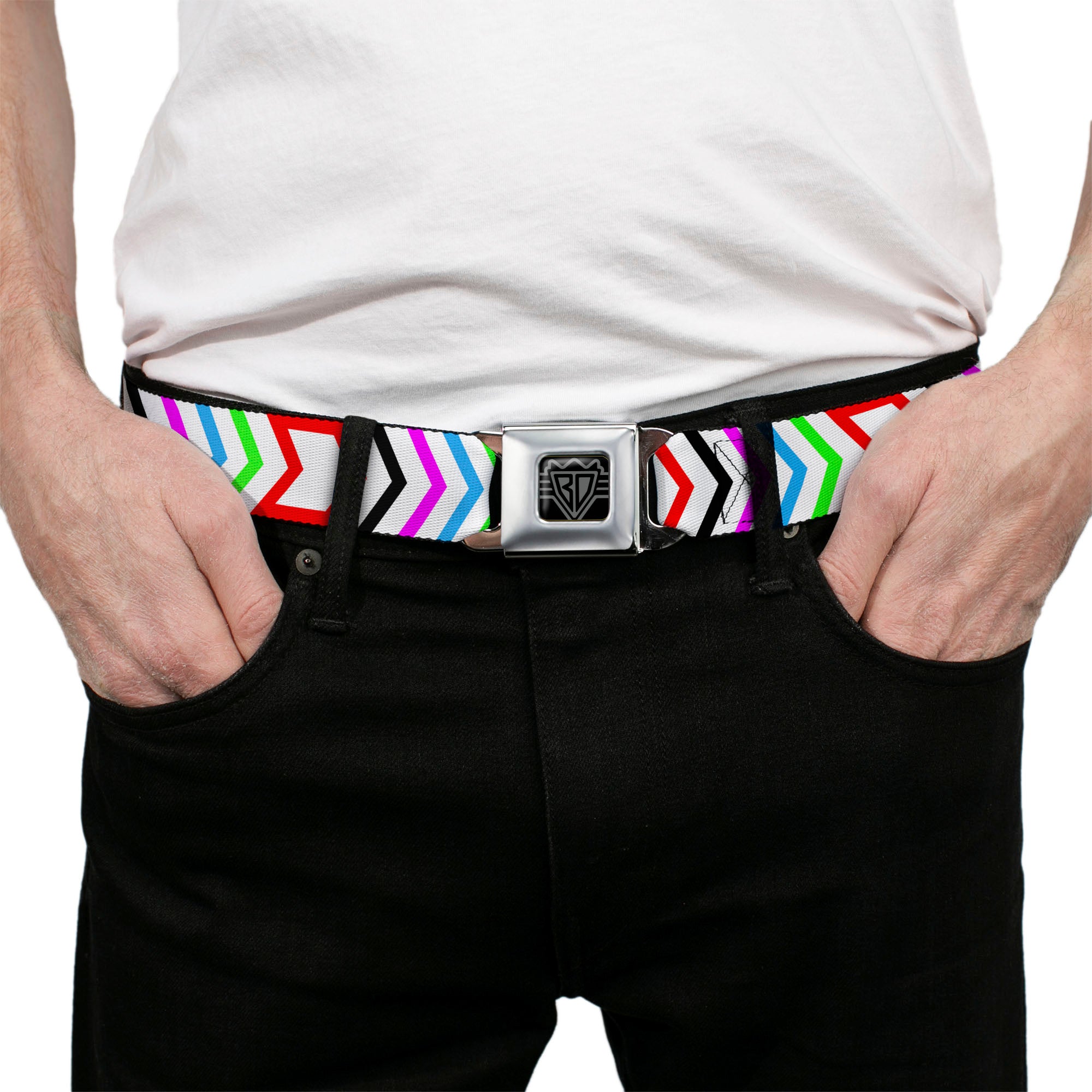 BD Wings Logo CLOSE-UP Full Color Black Silver Seatbelt Belt - Arrows White/Multi Color Webbing Seatbelt Belts Buckle-Down