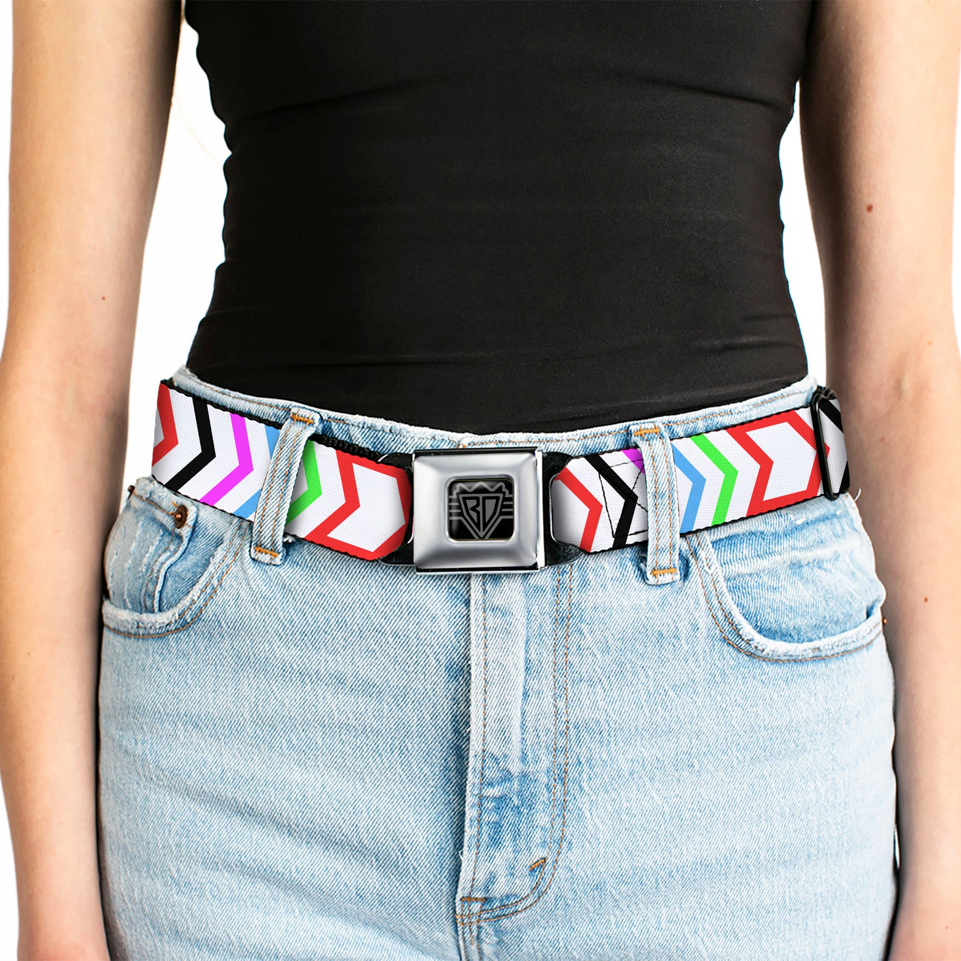 BD Wings Logo CLOSE-UP Full Color Black Silver Seatbelt Belt - Arrows White/Multi Color Webbing Seatbelt Belts Buckle-Down