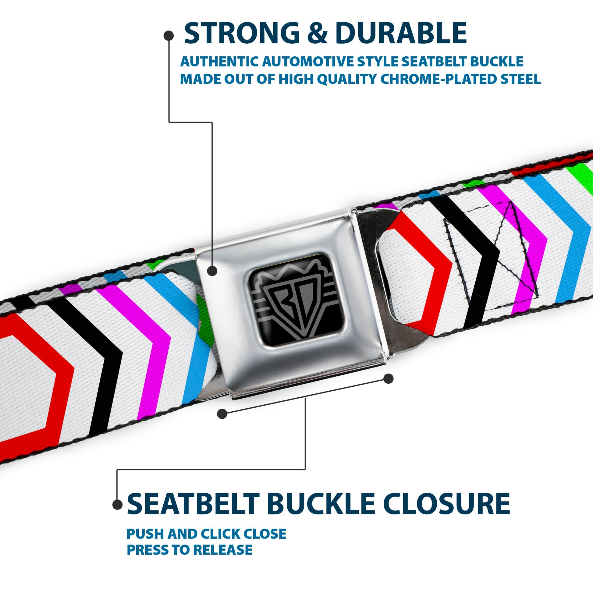 BD Wings Logo CLOSE-UP Full Color Black Silver Seatbelt Belt - Arrows White/Multi Color Webbing Seatbelt Belts Buckle-Down