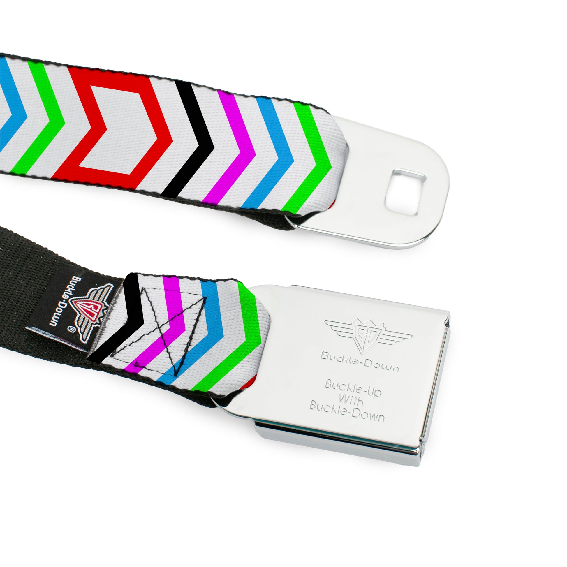 BD Wings Logo CLOSE-UP Full Color Black Silver Seatbelt Belt - Arrows White/Multi Color Webbing Seatbelt Belts Buckle-Down