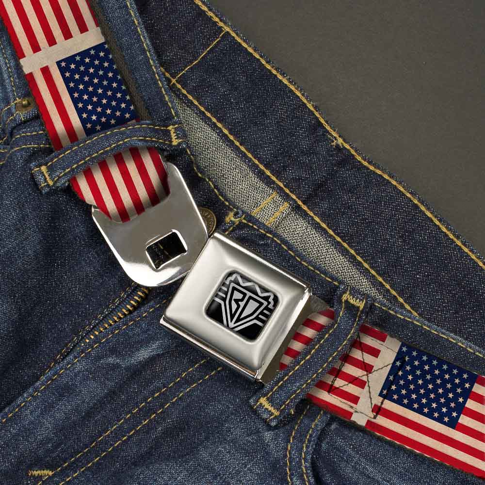 BD Wings Logo CLOSE-UP Full Color Black Silver Seatbelt Belt - American Flag Weathered Color Repeat Webbing Seatbelt Belts Buckle-Down