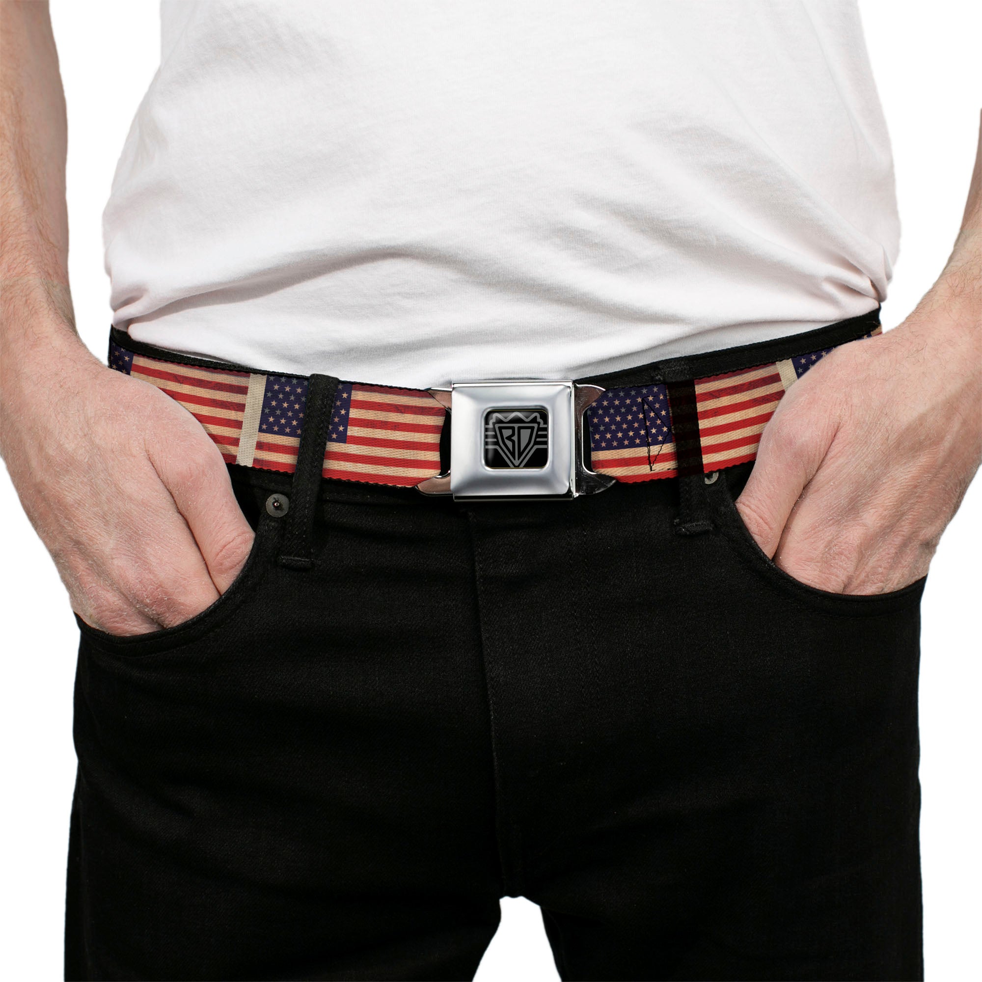BD Wings Logo CLOSE-UP Full Color Black Silver Seatbelt Belt - American Flag Weathered Color Repeat Webbing Seatbelt Belts Buckle-Down