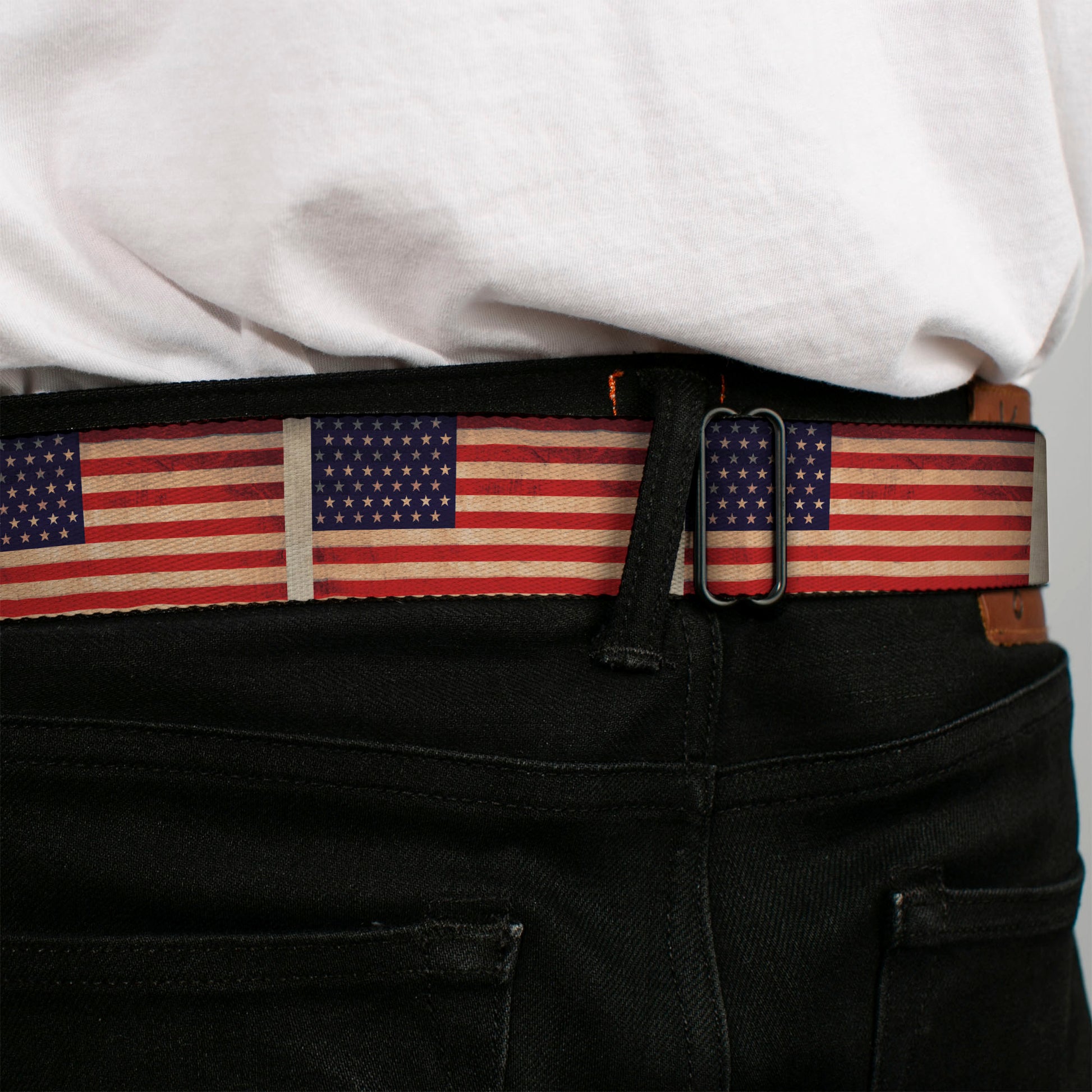 BD Wings Logo CLOSE-UP Full Color Black Silver Seatbelt Belt - American Flag Weathered Color Repeat Webbing Seatbelt Belts Buckle-Down