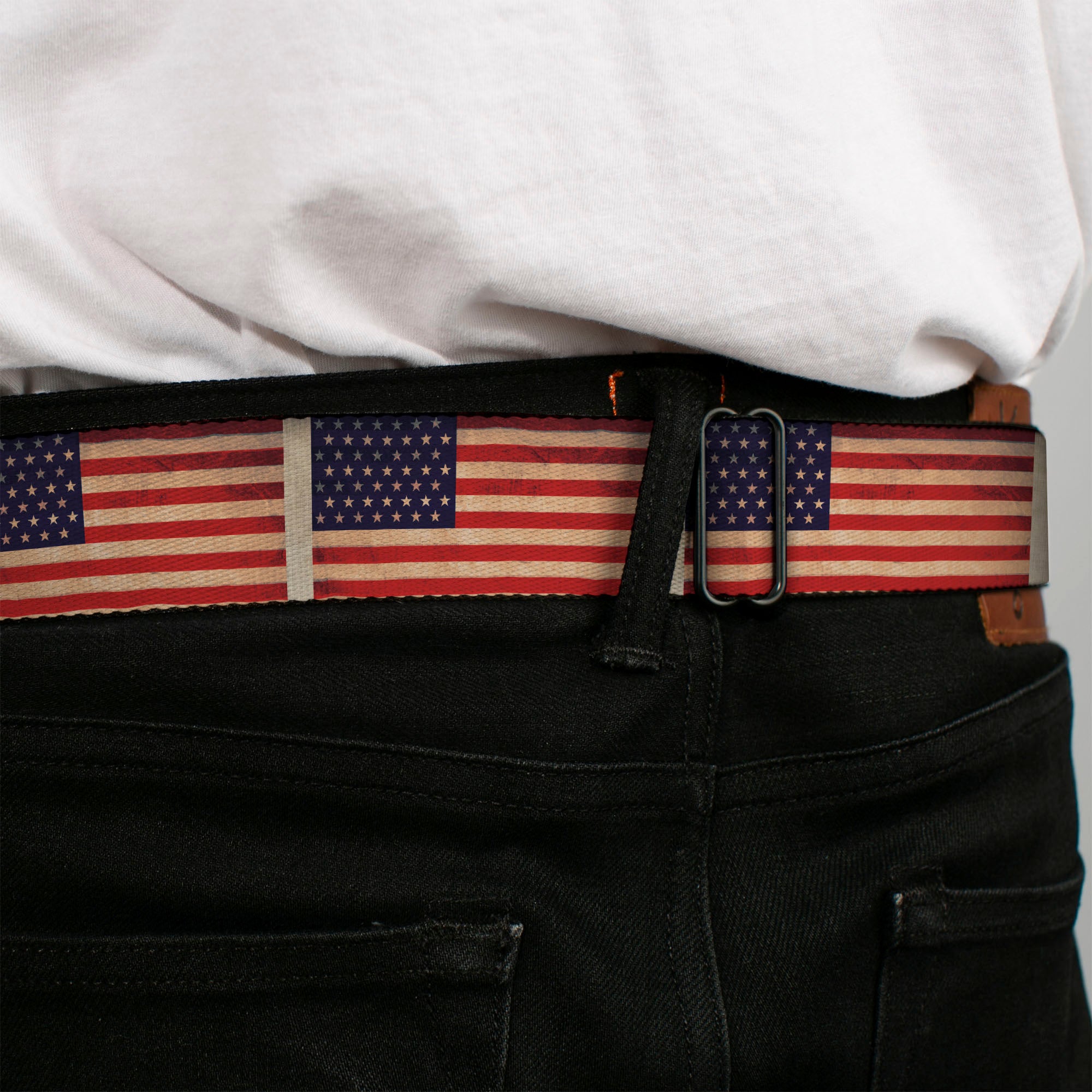 BD Wings Logo CLOSE-UP Full Color Black Silver Seatbelt Belt - American Flag Weathered Color Repeat Webbing Seatbelt Belts Buckle-Down