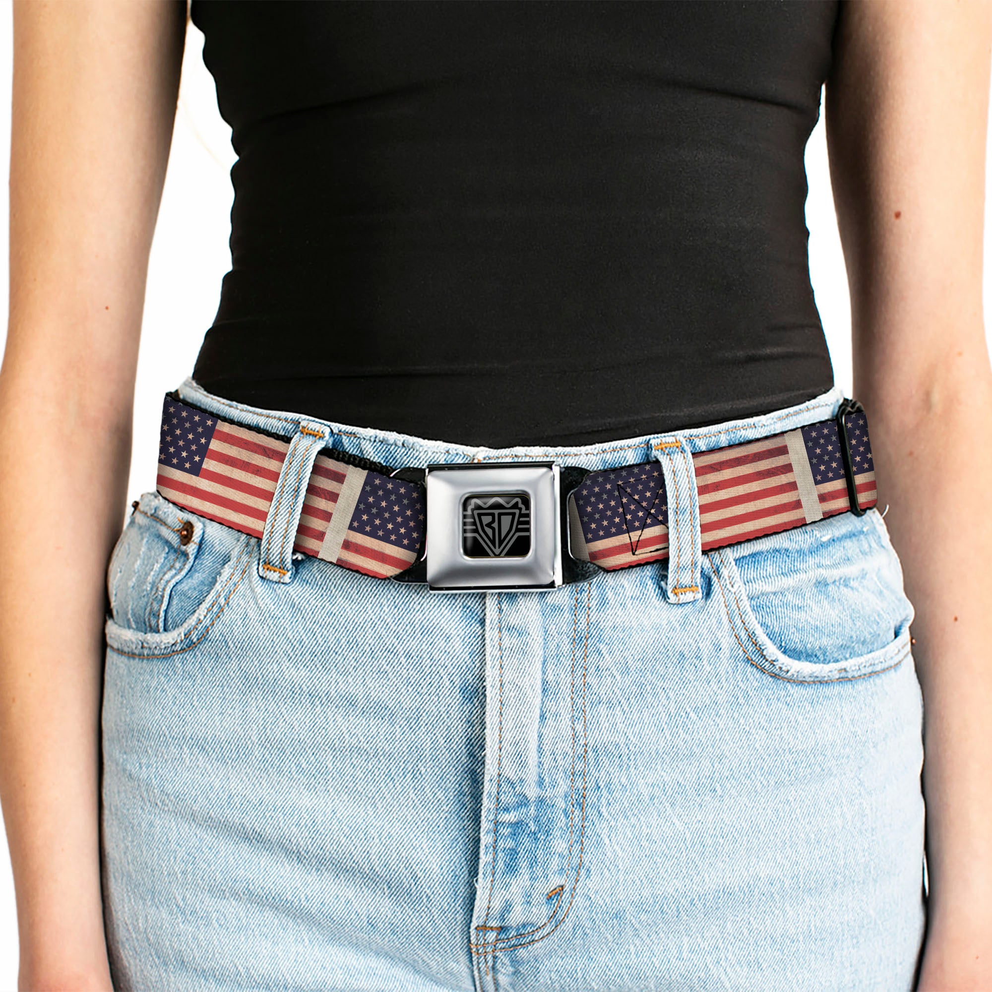BD Wings Logo CLOSE-UP Full Color Black Silver Seatbelt Belt - American Flag Weathered Color Repeat Webbing Seatbelt Belts Buckle-Down