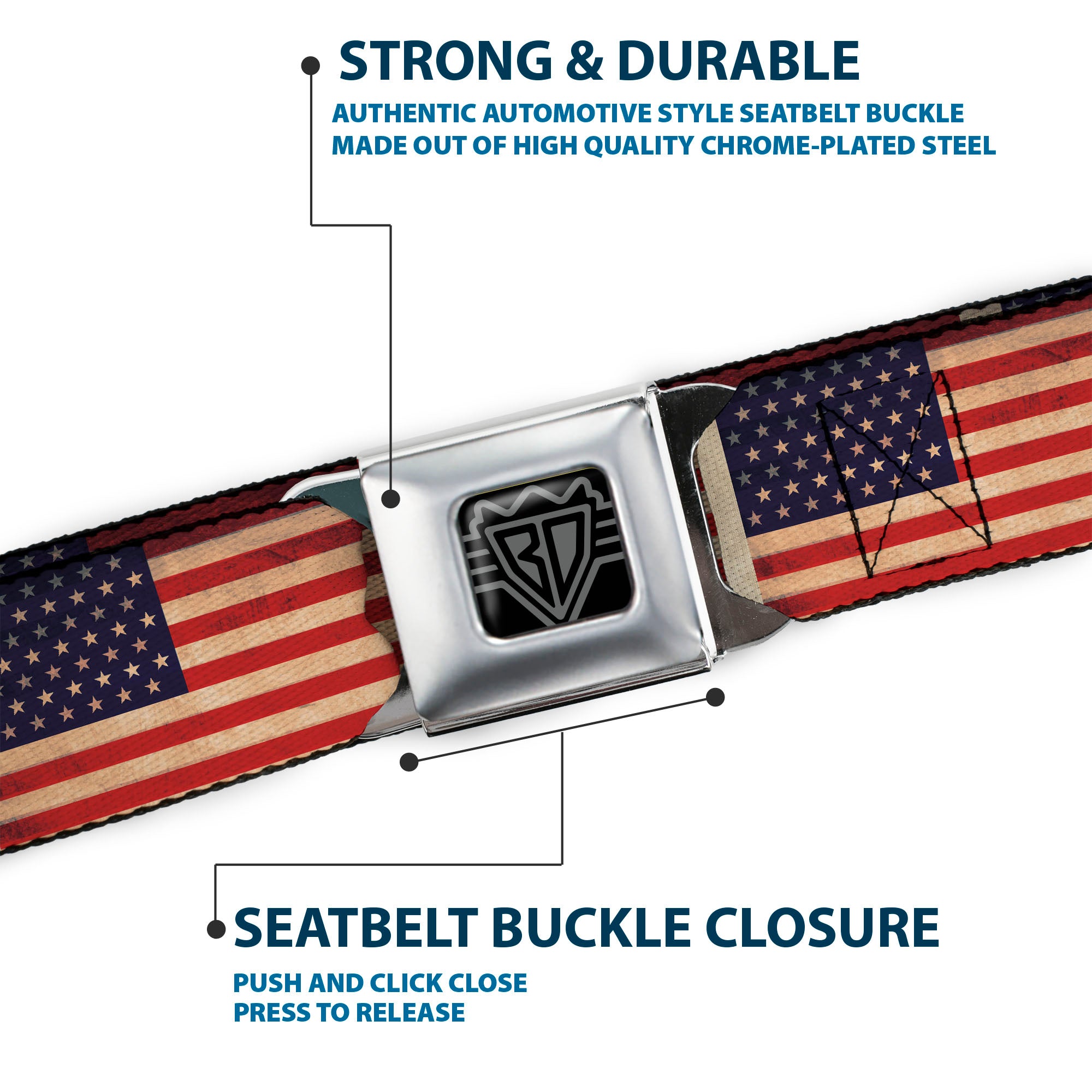 BD Wings Logo CLOSE-UP Full Color Black Silver Seatbelt Belt - American Flag Weathered Color Repeat Webbing Seatbelt Belts Buckle-Down