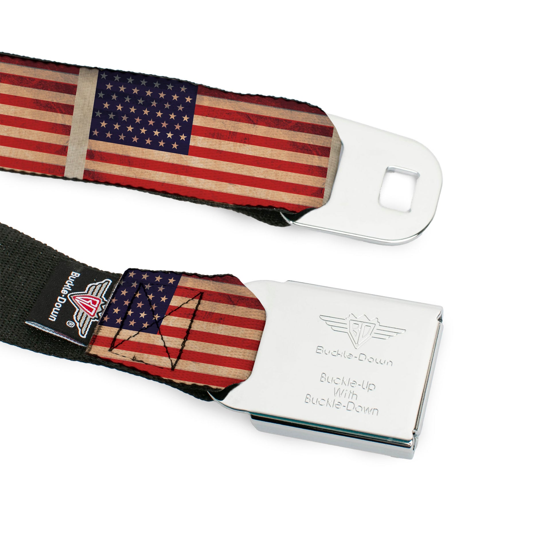 BD Wings Logo CLOSE-UP Full Color Black Silver Seatbelt Belt - American Flag Weathered Color Repeat Webbing Seatbelt Belts Buckle-Down