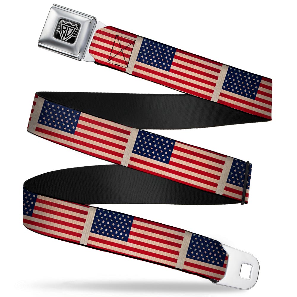 BD Wings Logo CLOSE-UP Full Color Black Silver Seatbelt Belt - American Flag Weathered Color Repeat Webbing Seatbelt Belts Buckle-Down