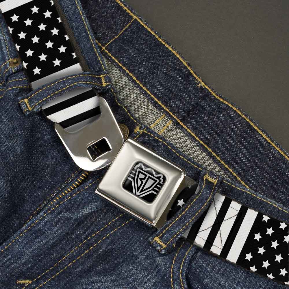 BD Wings Logo CLOSE-UP Full Color Black Silver Seatbelt Belt - American Flag CLOSE-UP Black/White Webbing Seatbelt Belts Buckle-Down