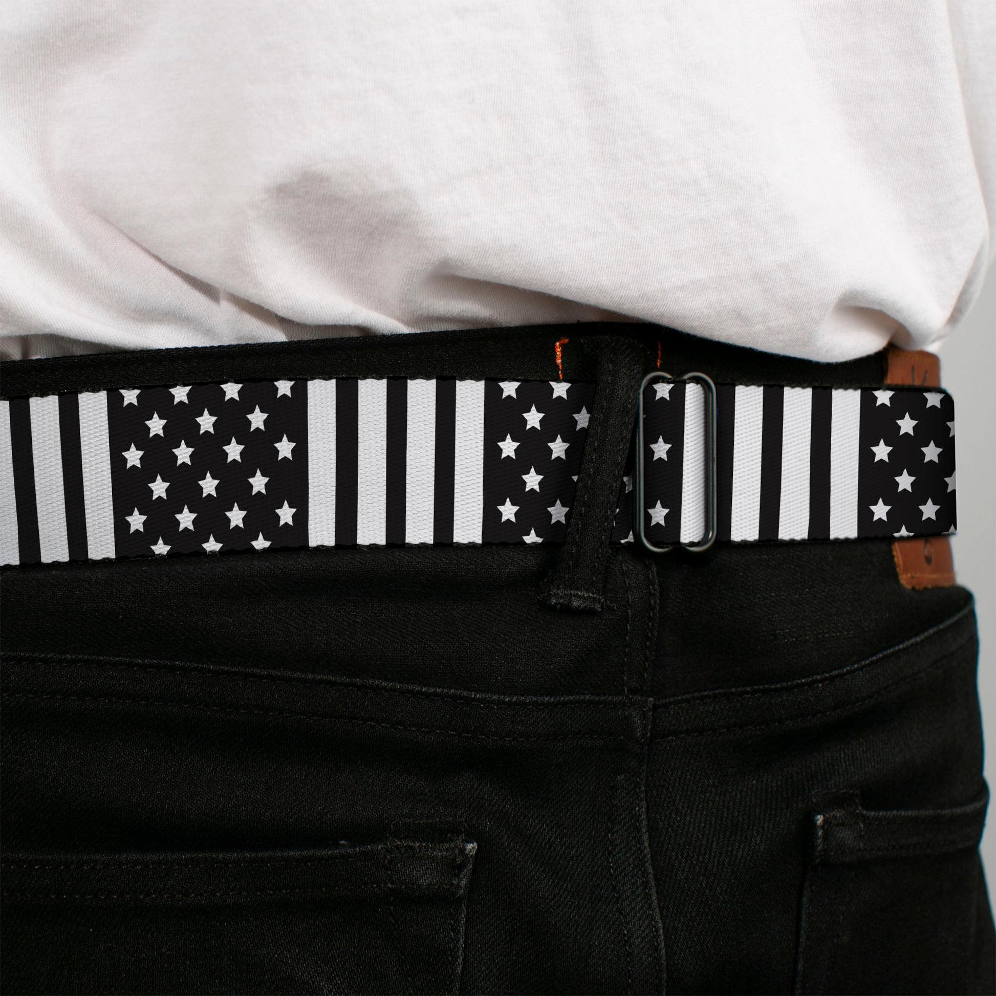 BD Wings Logo CLOSE-UP Full Color Black Silver Seatbelt Belt - American Flag CLOSE-UP Black/White Webbing Seatbelt Belts Buckle-Down