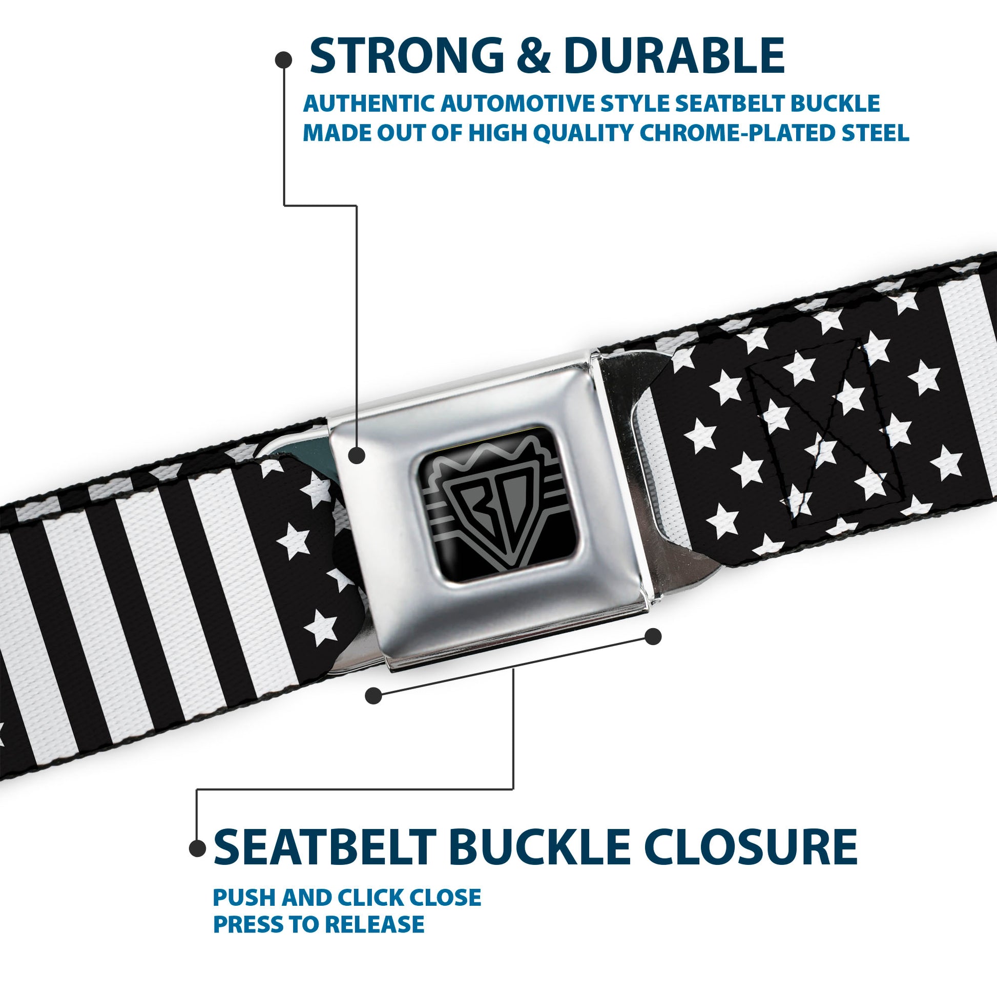 BD Wings Logo CLOSE-UP Full Color Black Silver Seatbelt Belt - American Flag CLOSE-UP Black/White Webbing Seatbelt Belts Buckle-Down