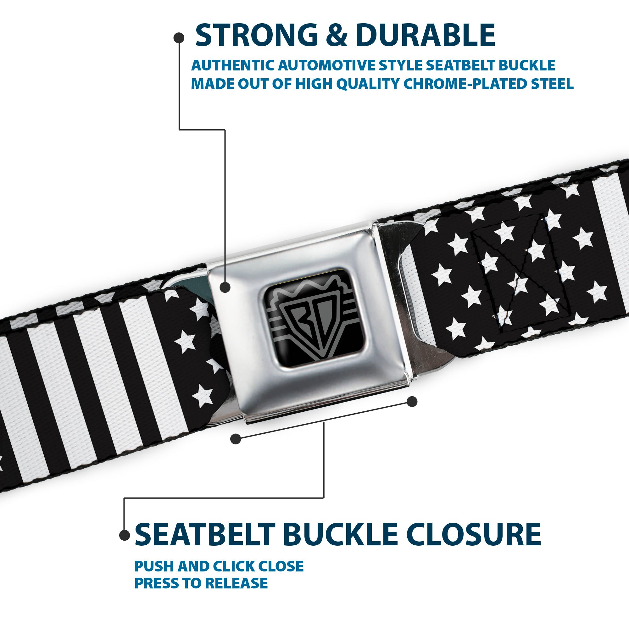 BD Wings Logo CLOSE-UP Full Color Black Silver Seatbelt Belt - American Flag CLOSE-UP Black/White Webbing Seatbelt Belts Buckle-Down