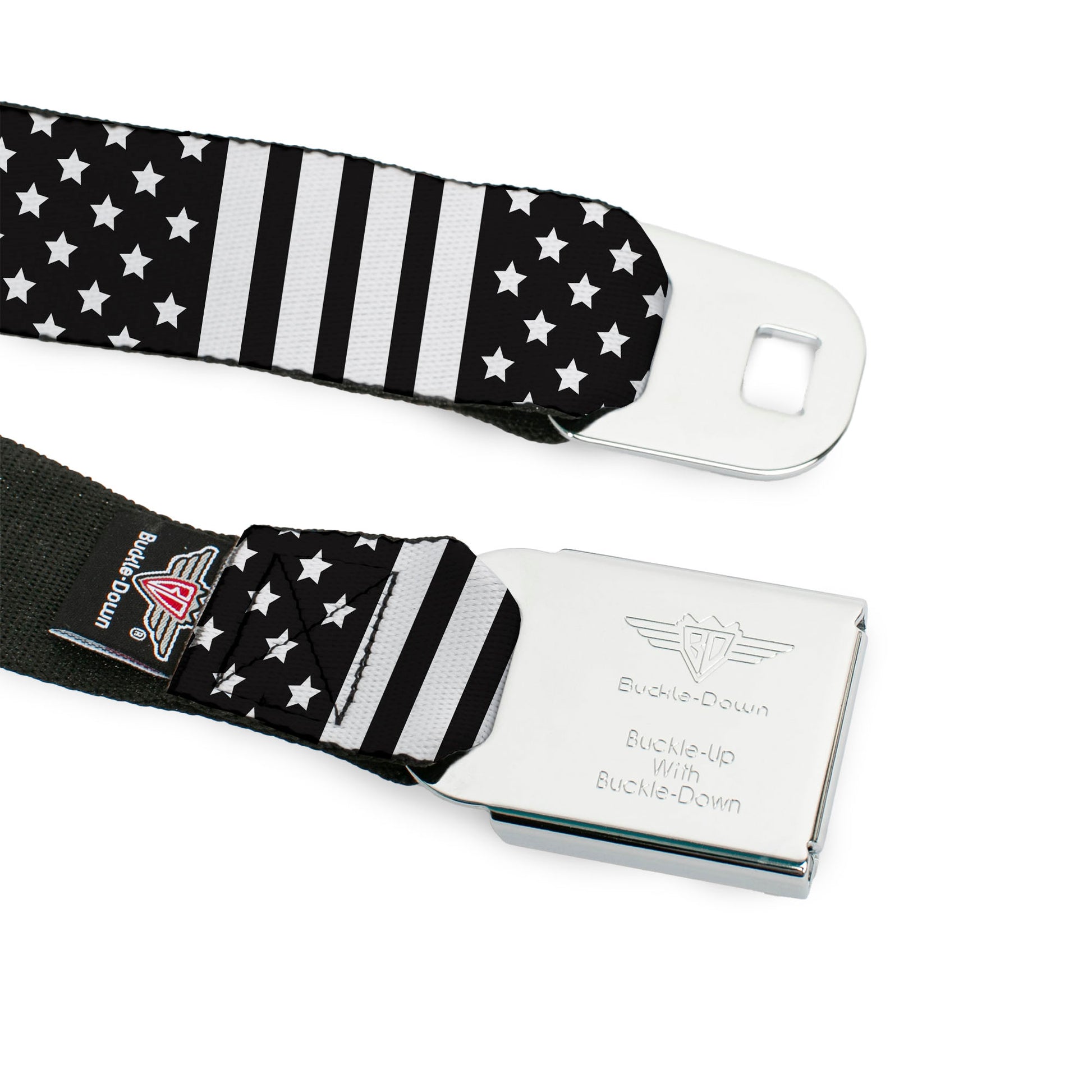 BD Wings Logo CLOSE-UP Full Color Black Silver Seatbelt Belt - American Flag CLOSE-UP Black/White Webbing Seatbelt Belts Buckle-Down