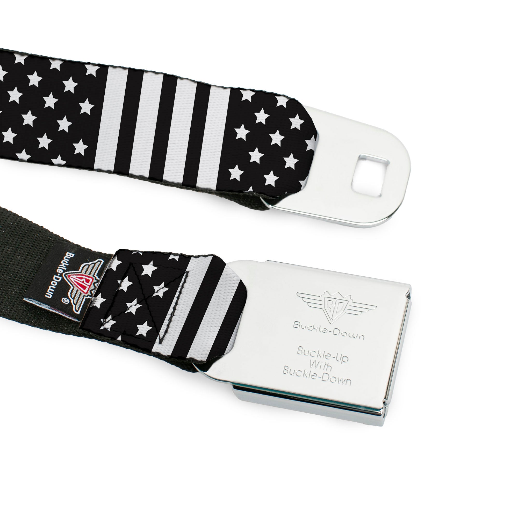 BD Wings Logo CLOSE-UP Full Color Black Silver Seatbelt Belt - American Flag CLOSE-UP Black/White Webbing Seatbelt Belts Buckle-Down