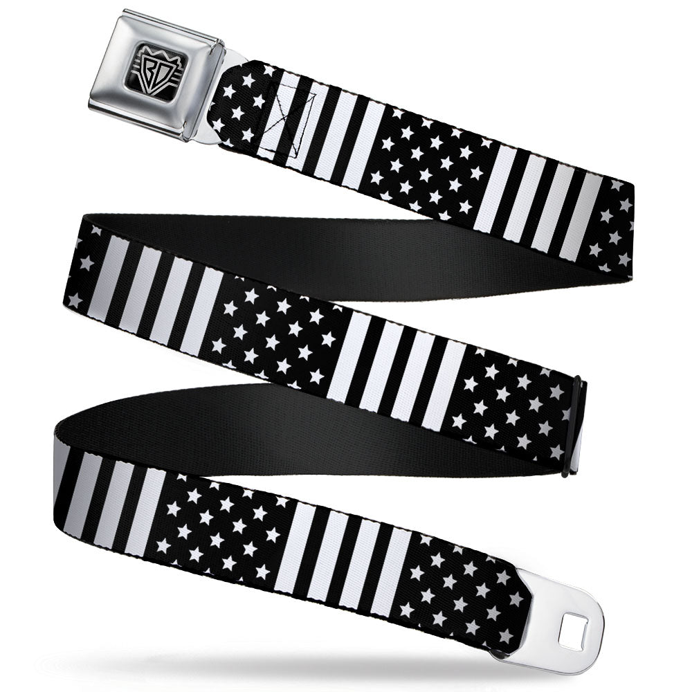BD Wings Logo CLOSE-UP Full Color Black Silver Seatbelt Belt - American Flag CLOSE-UP Black/White Webbing Seatbelt Belts Buckle-Down
