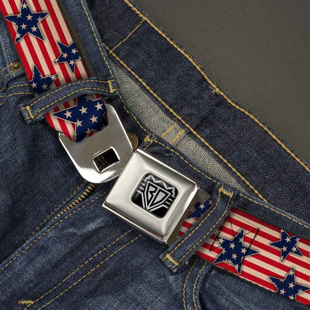BD Wings Logo CLOSE-UP Full Color Black Silver Seatbelt Belt - Americana Stars & Stripes Red/White/Blue/White Webbing Seatbelt Belts Buckle-Down