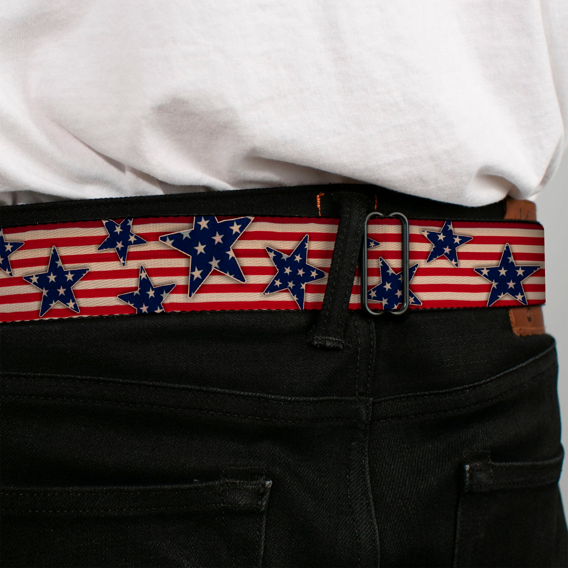 BD Wings Logo CLOSE-UP Full Color Black Silver Seatbelt Belt - Americana Stars & Stripes Red/White/Blue/White Webbing Seatbelt Belts Buckle-Down