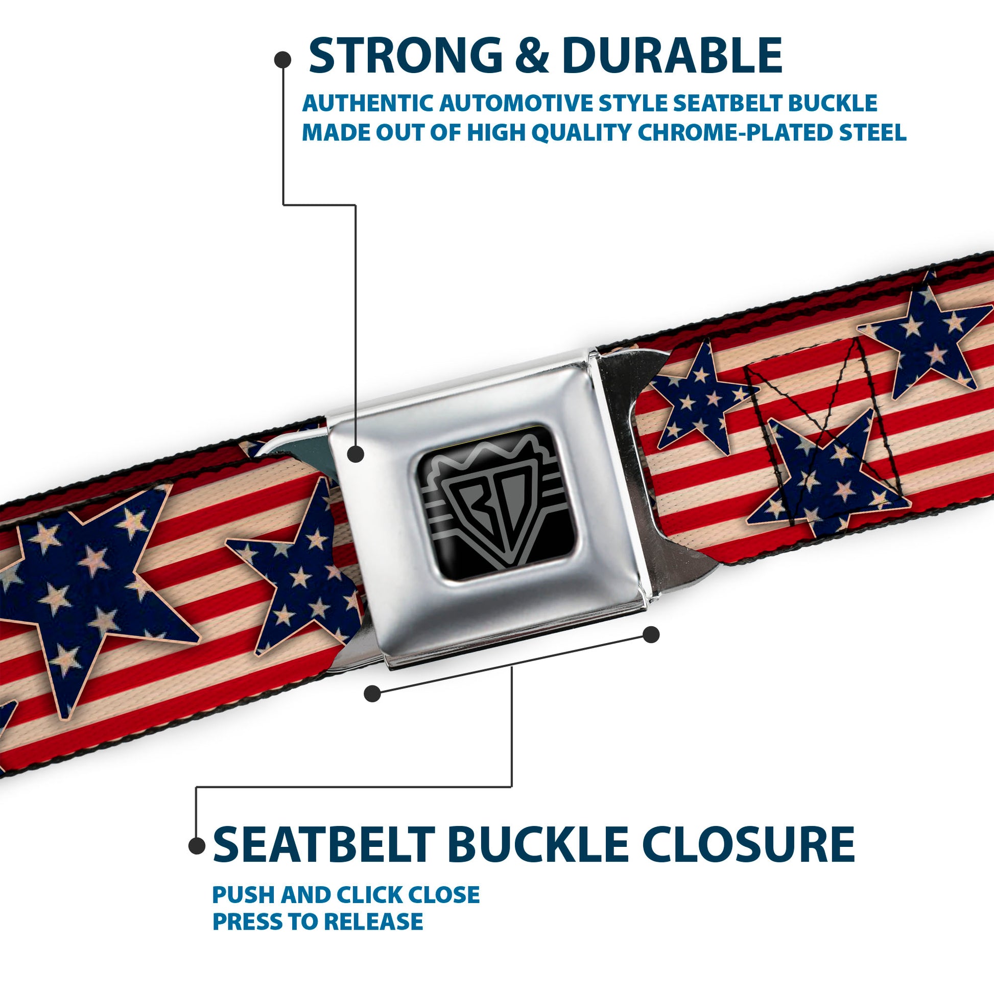 BD Wings Logo CLOSE-UP Full Color Black Silver Seatbelt Belt - Americana Stars & Stripes Red/White/Blue/White Webbing Seatbelt Belts Buckle-Down