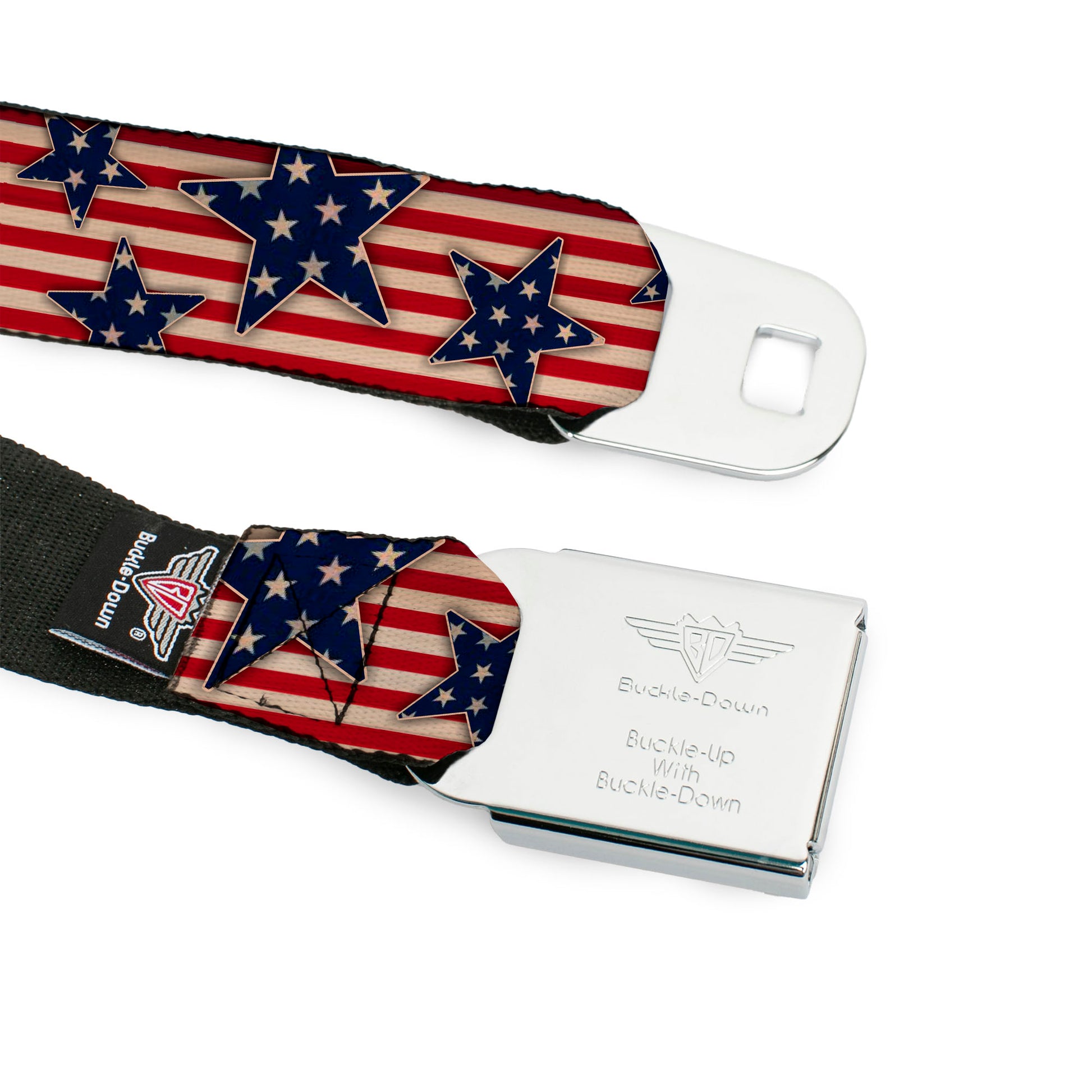 BD Wings Logo CLOSE-UP Full Color Black Silver Seatbelt Belt - Americana Stars & Stripes Red/White/Blue/White Webbing Seatbelt Belts Buckle-Down